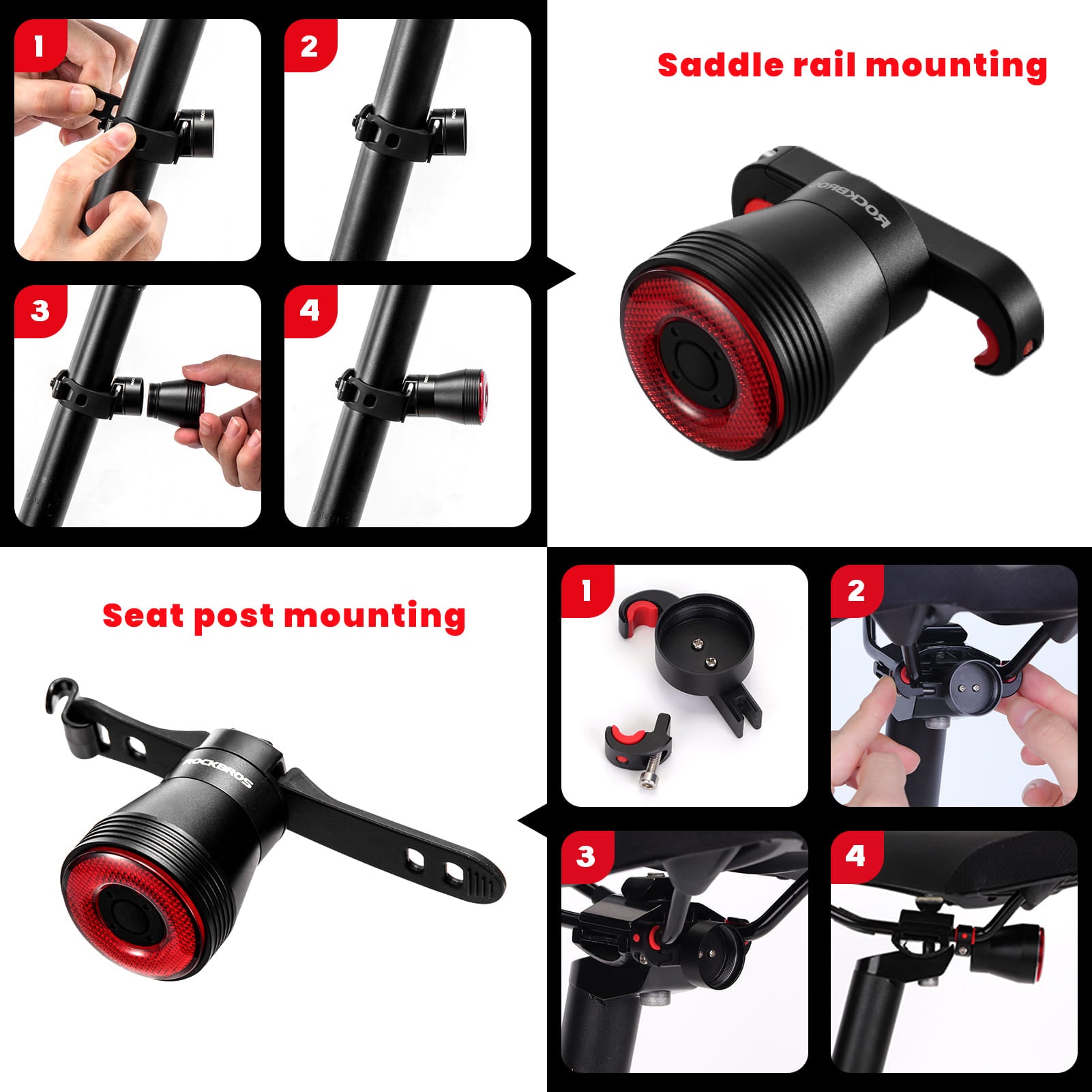 ROCKBROS brake-sensing bike tail light for night cycling.
#option_TL907Q50-Saddle + Seatpost Mount