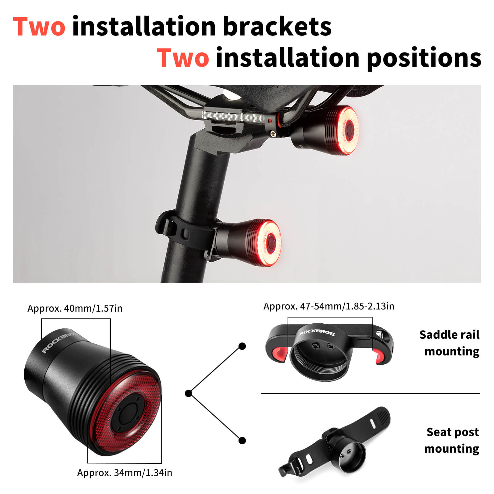 ROCKBROS brake-sensing bike tail light for night cycling.
#option_TL907Q50-Saddle + Seatpost Mount