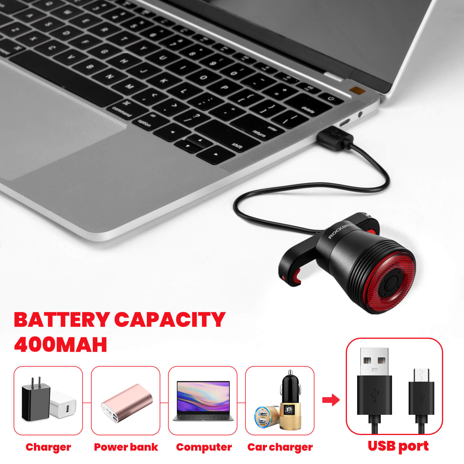 ROCKBROS brake-sensing bike tail light for night cycling.
#option_TL907Q50-Saddle + Seatpost Mount