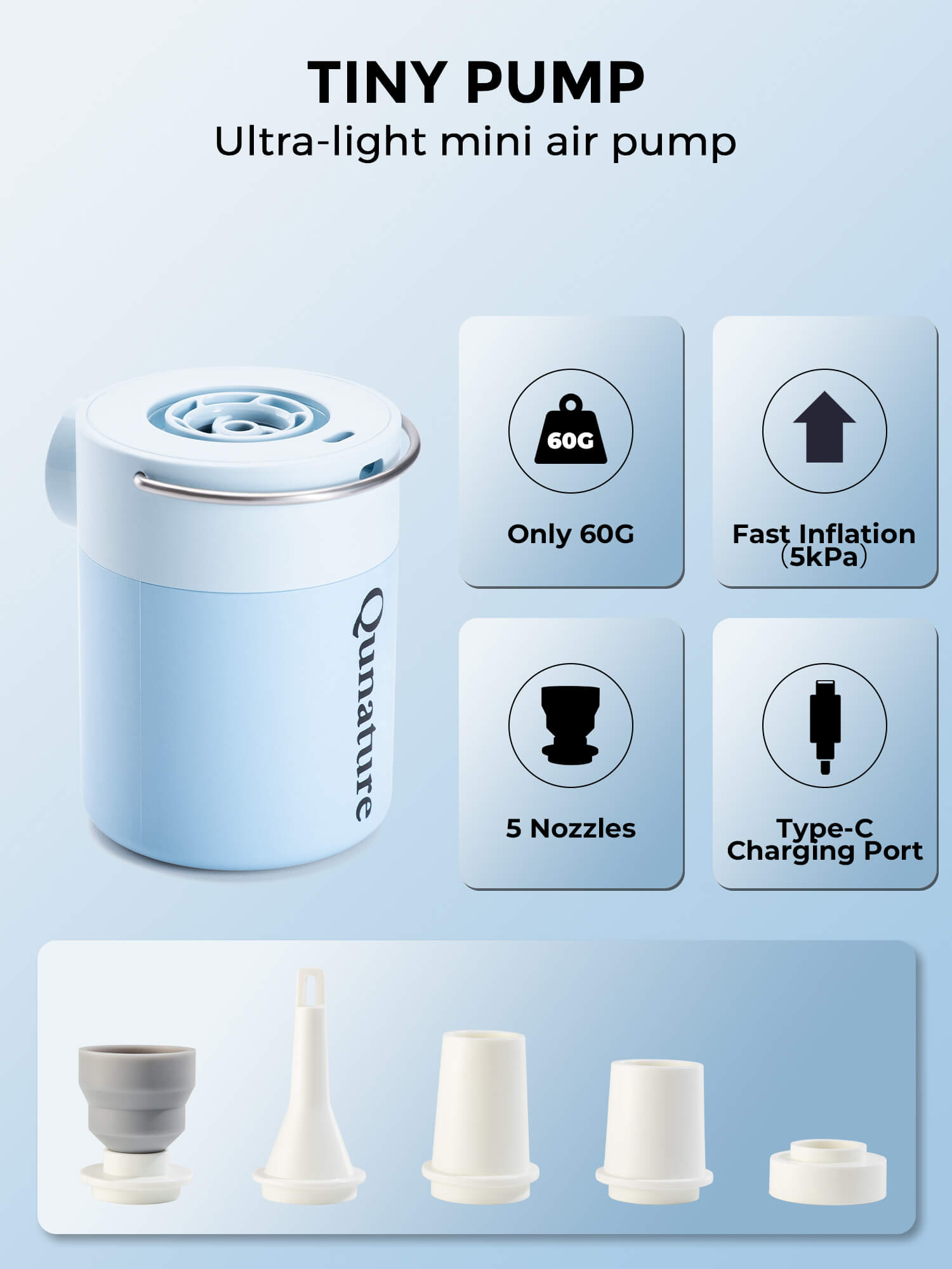 Qunature Rapid-Fill Mini Electric Pump, High-Pressure Cordless Air Inflator for Portable Use.
#color_sky blue