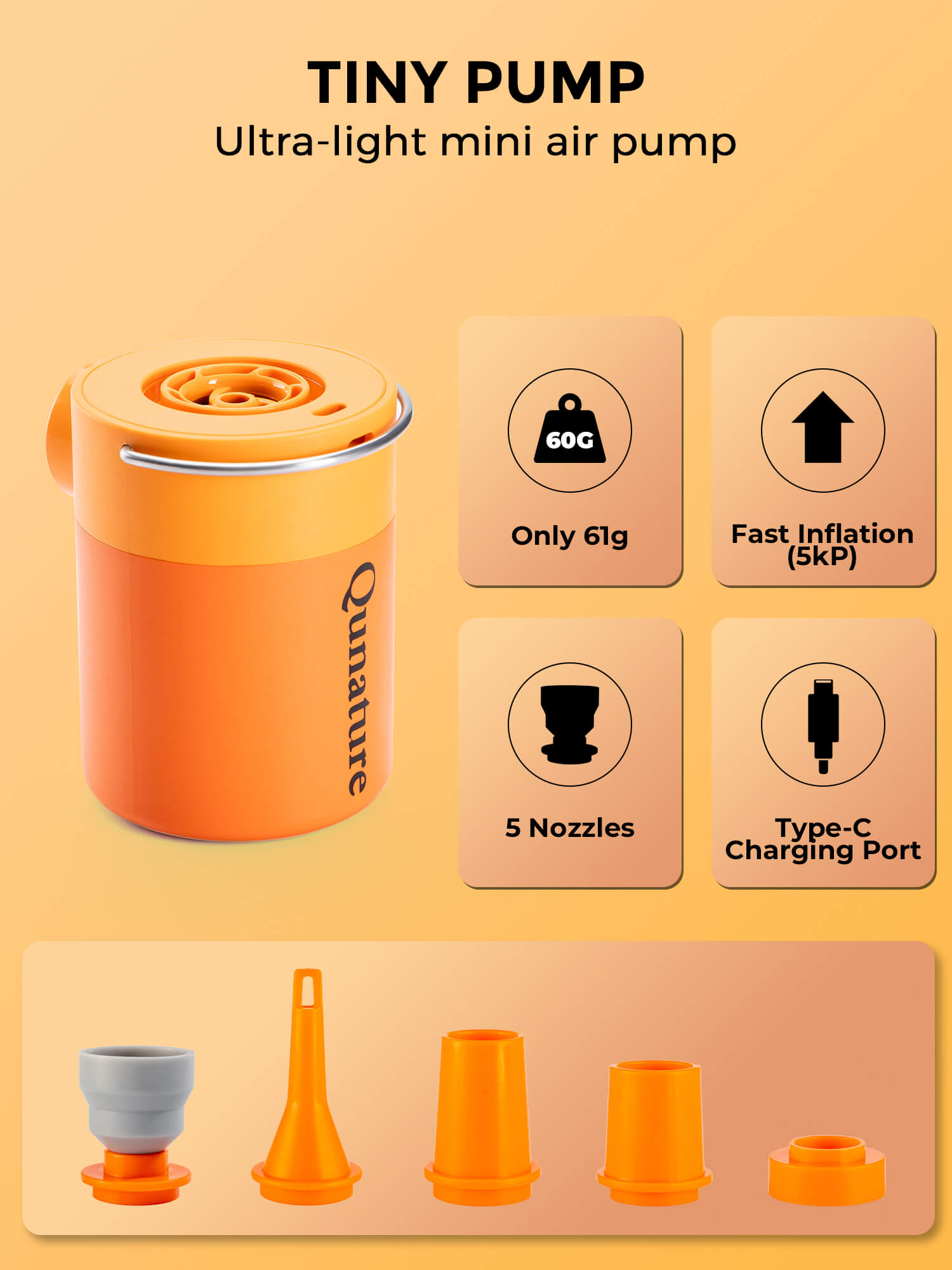 Qunature Rapid-Fill Mini Electric Pump, High-Pressure Cordless Air Inflator for Portable Use.
#color_orange