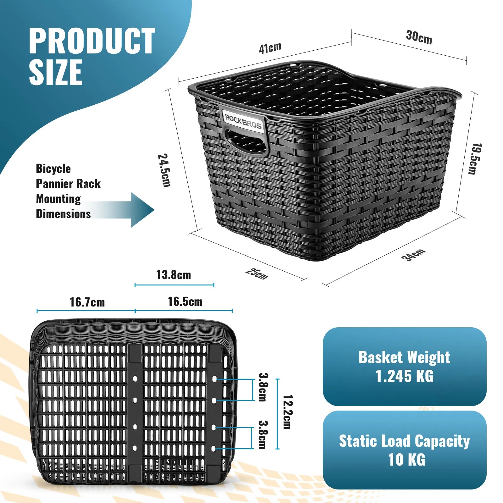 ROCKBROS Rear Bike Basket - Durable Anti-Crush Design for Rear Rack Mounting, 10kg Load Capacity.