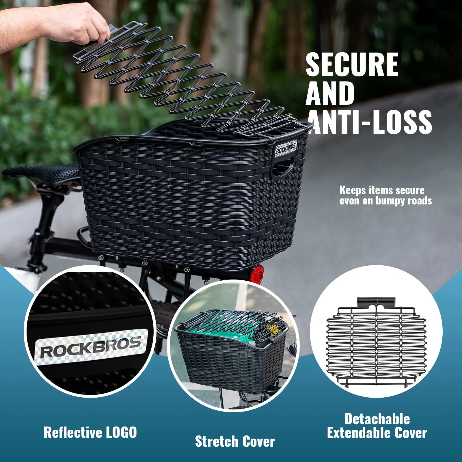 ROCKBROS Rear Bike Basket - Durable Anti-Crush Design for Rear Rack Mounting, 10kg Load Capacity.