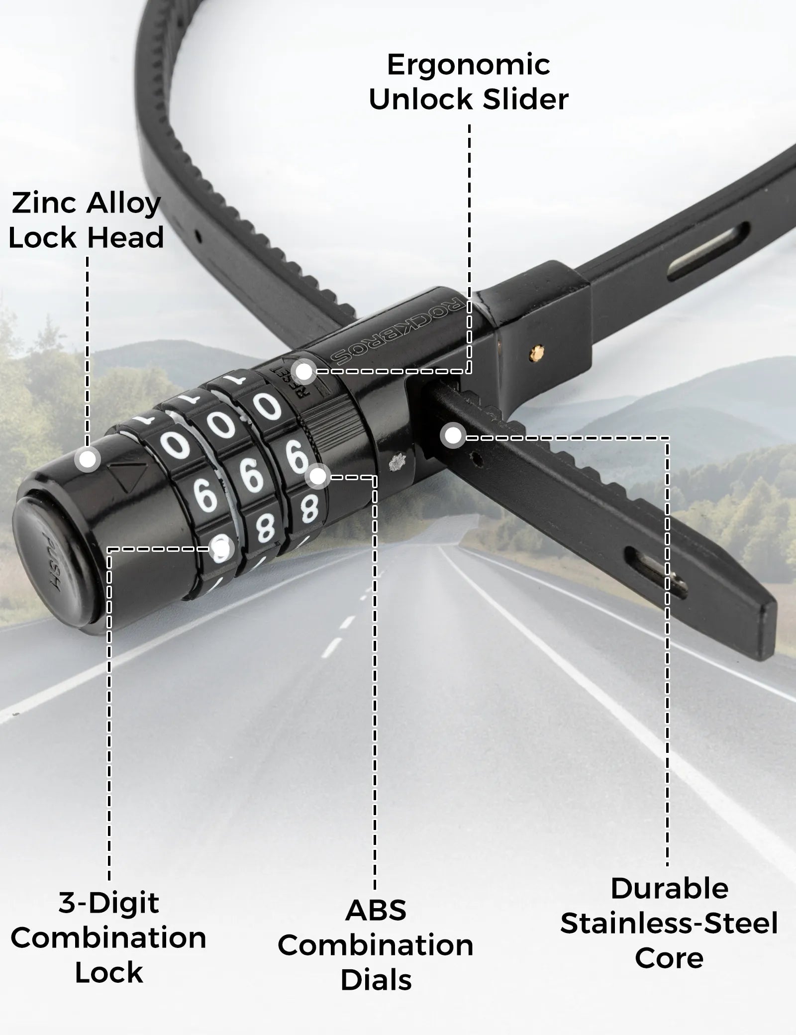 ROCKBROS Anti-theft Zip Tie Bike Lock - Lightweight Resettable 3-Digit Combination Cable Lock for Bicycles.