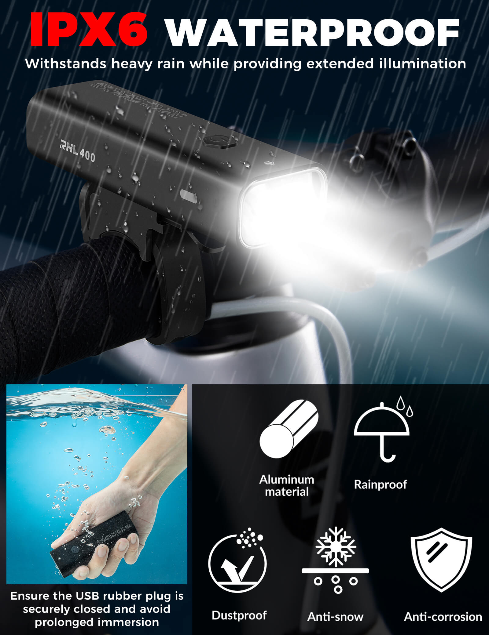 rockbros RHL400 high-lumen front light for night riding.
#option_400LM Black