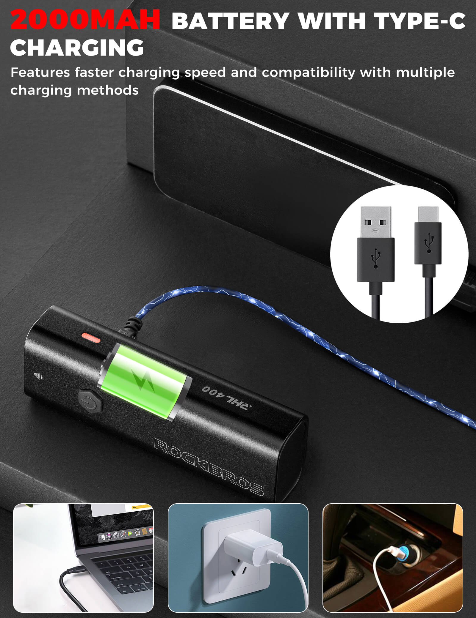 rockbros RHL400 high-lumen front light for night riding.
#option_400LM Black