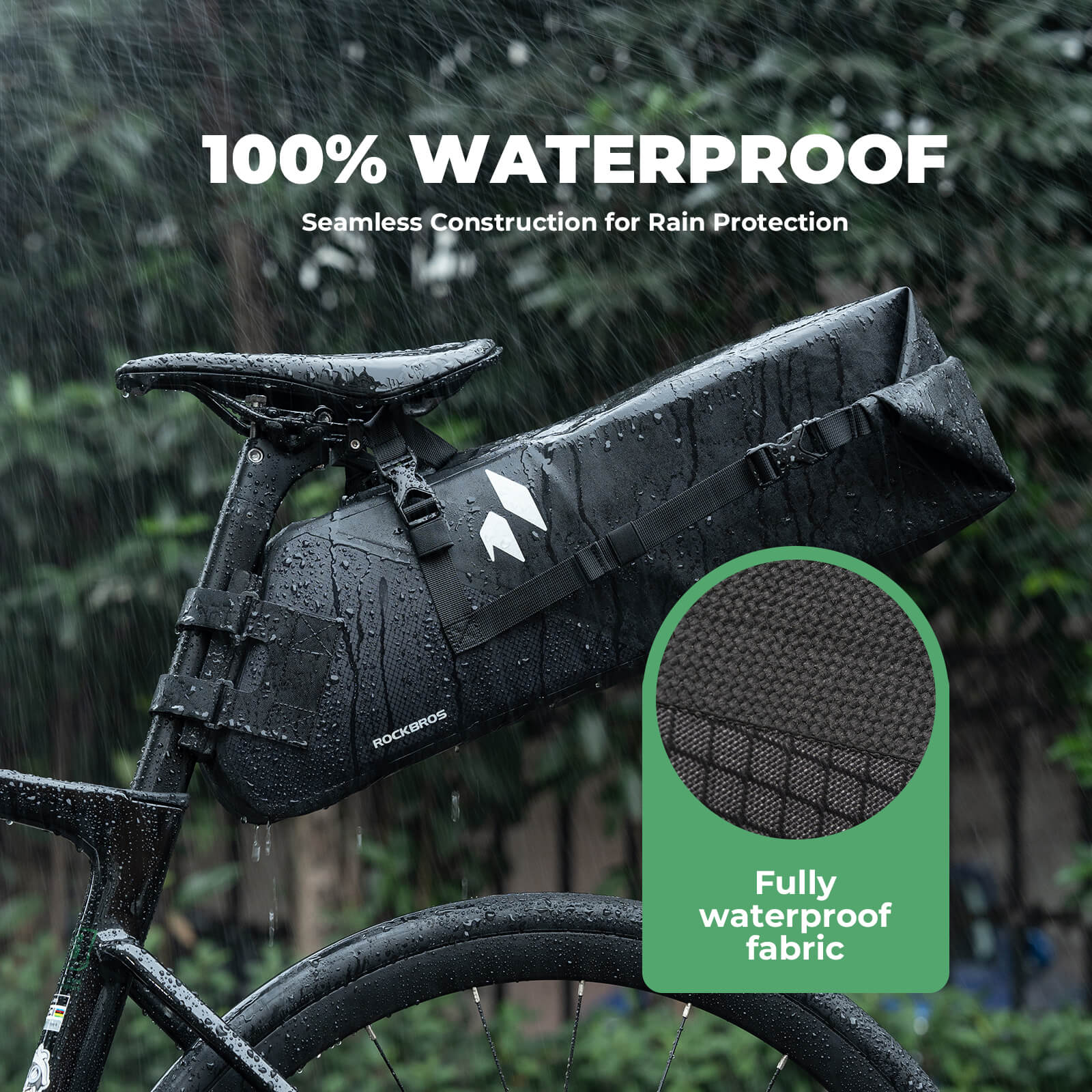 rockbros waterproof 13l saddle bag for rainy day cycling.