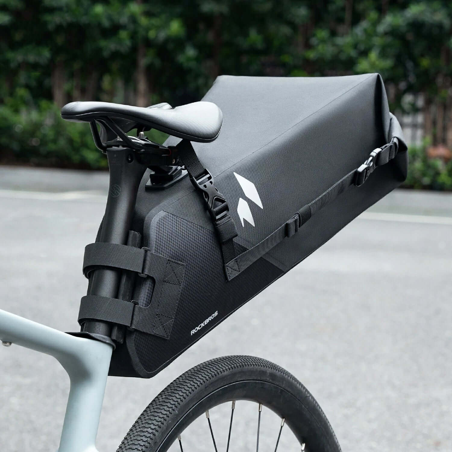 rockbros waterproof 13l saddle bag for rainy day cycling.