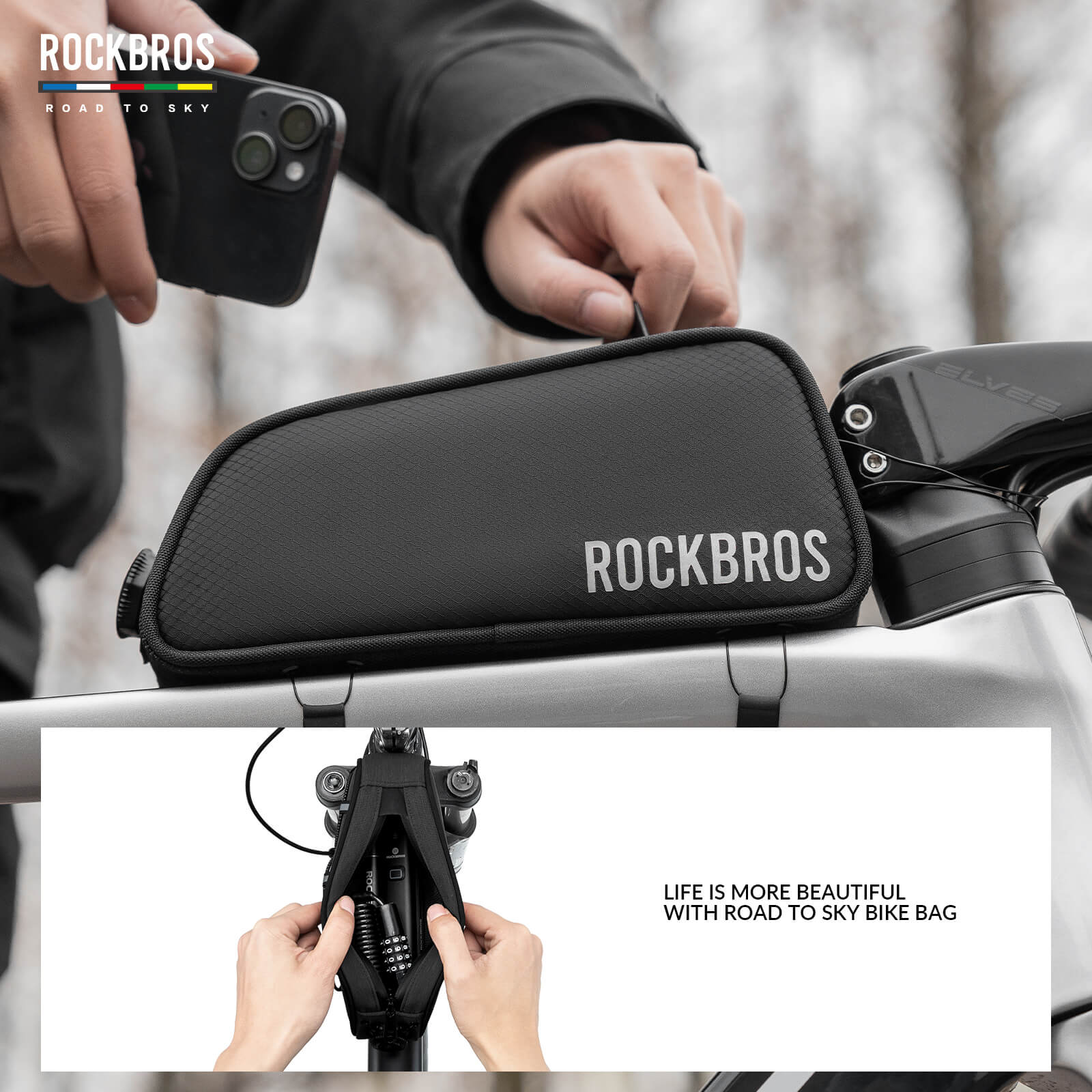 rockbros road to sky cycling bag one-click lock multi-colour.
#color_black