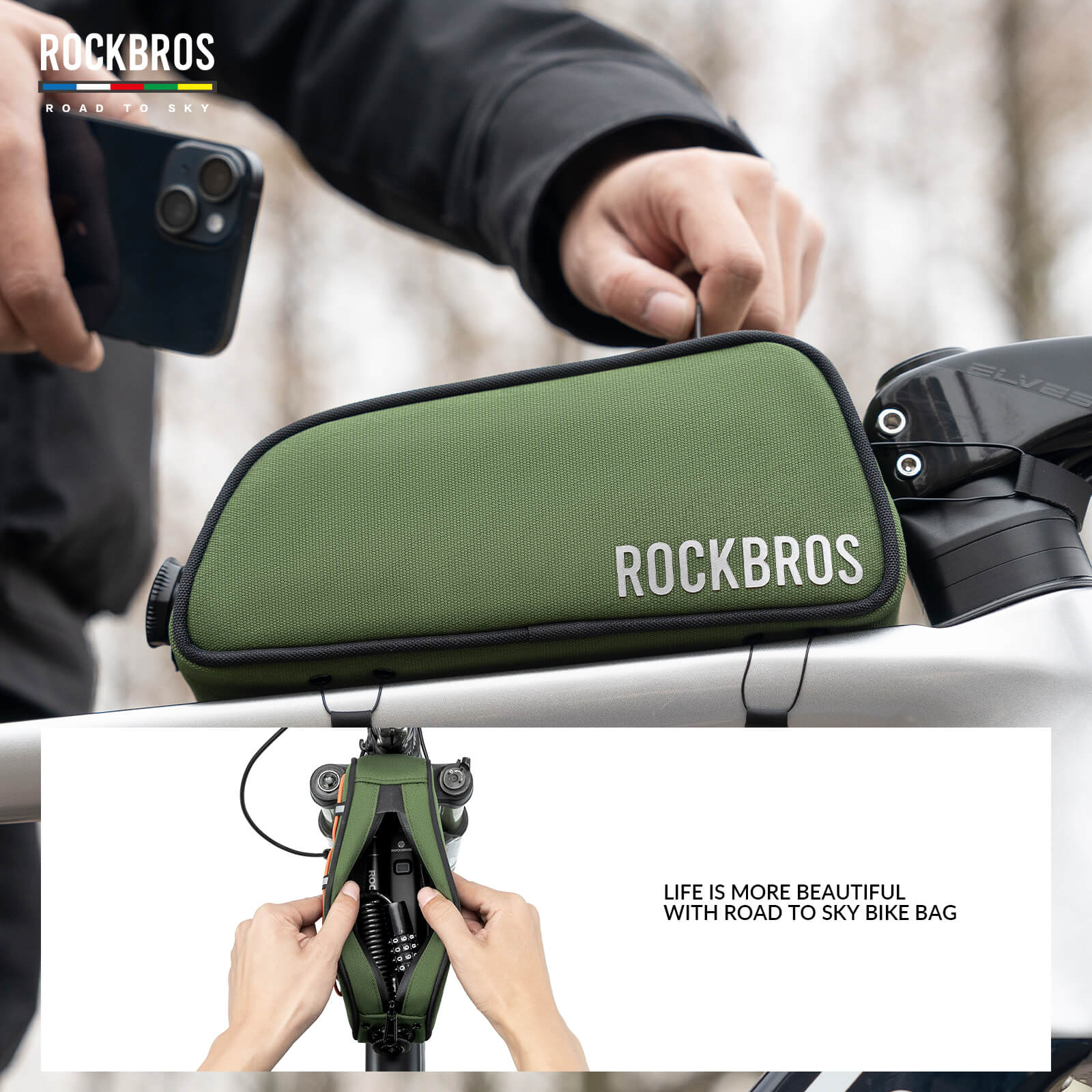 rockbros road to sky cycling bag one-click lock multi-colour.
#color_green
