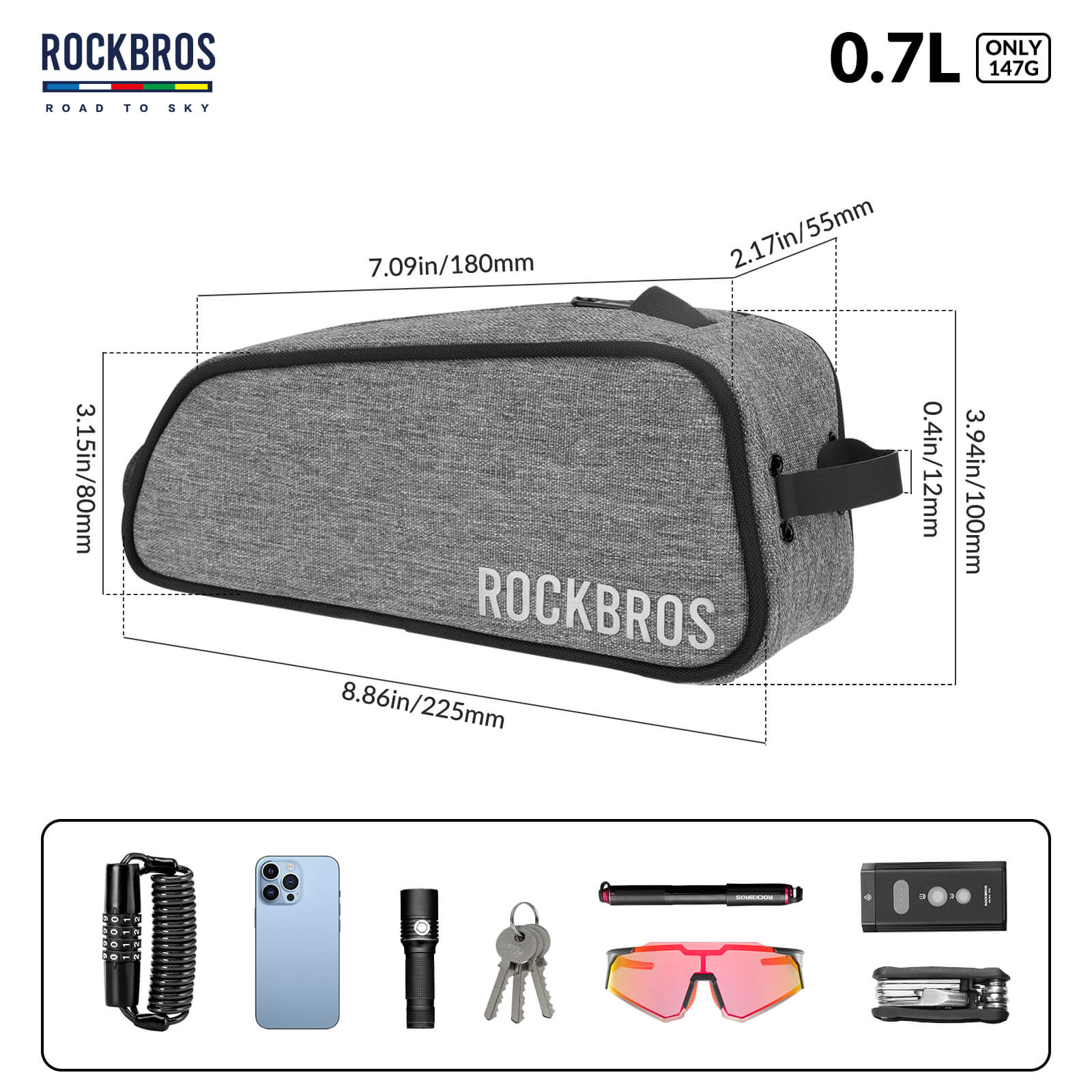 rockbros road to sky cycling bag one-click lock multi-colour.
#color_grey