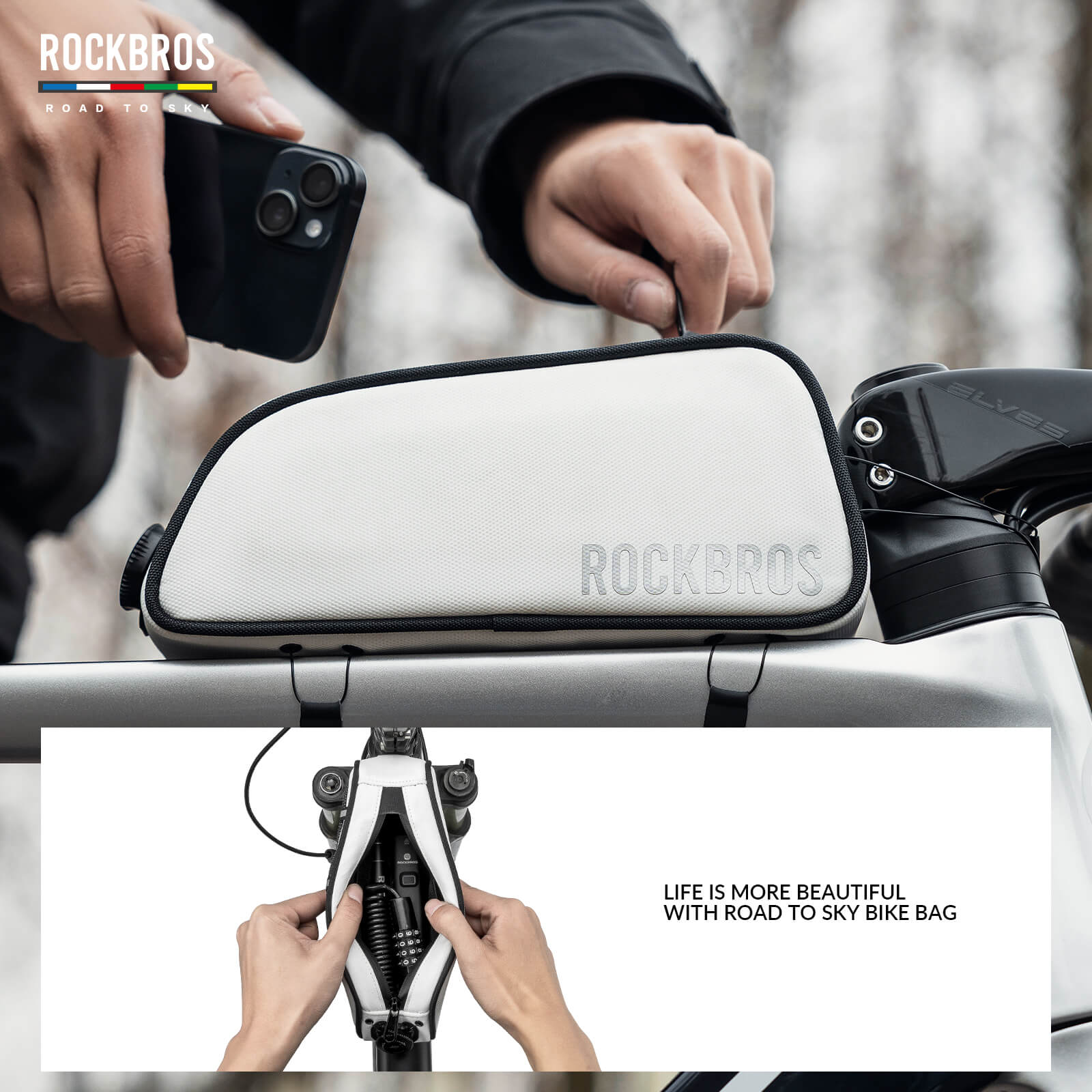 rockbros road to sky cycling bag one-click lock multi-colour.
#color_white