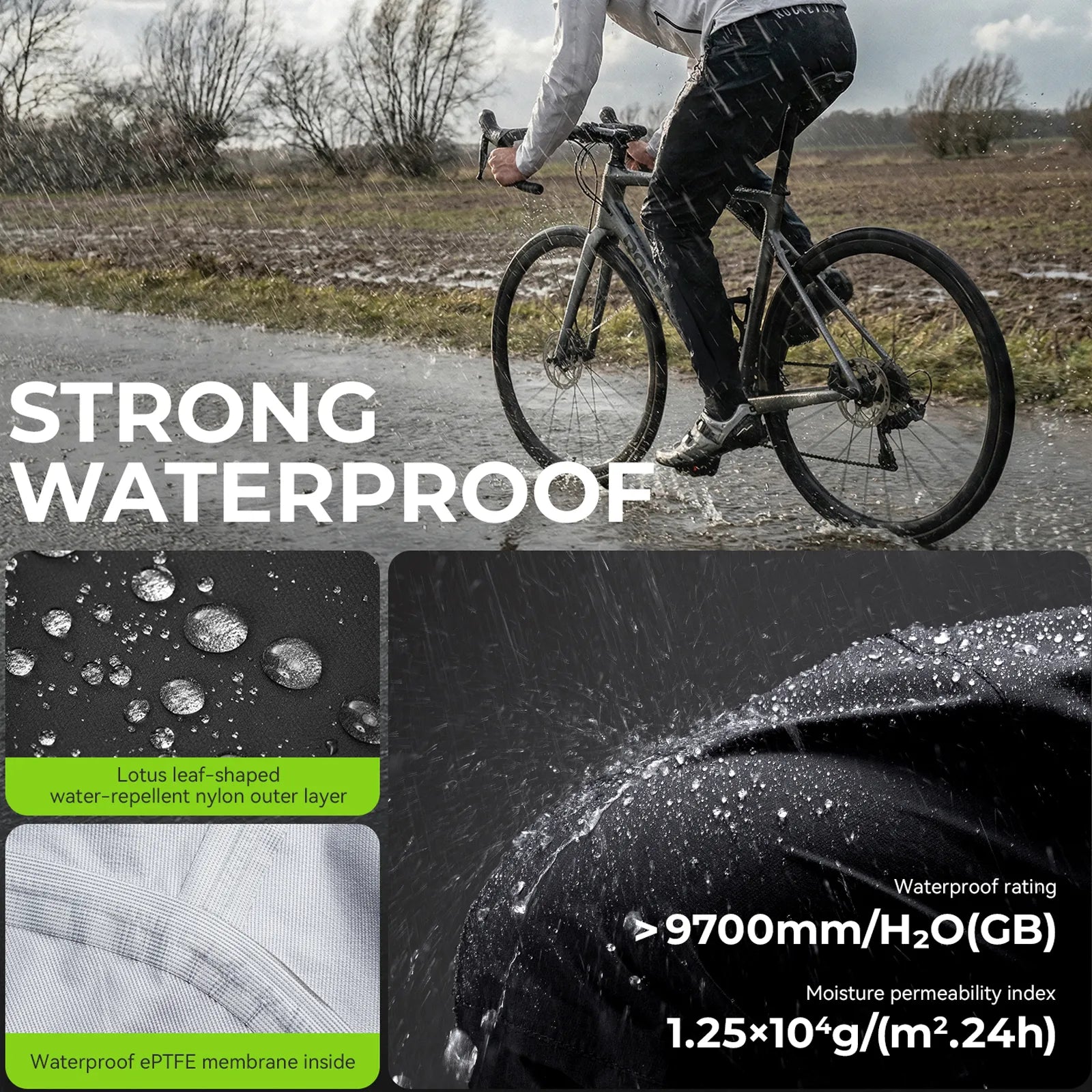 Rockbros Road to Sky unisex waterproof cycling rain pants in black, fully seam-sealed design.