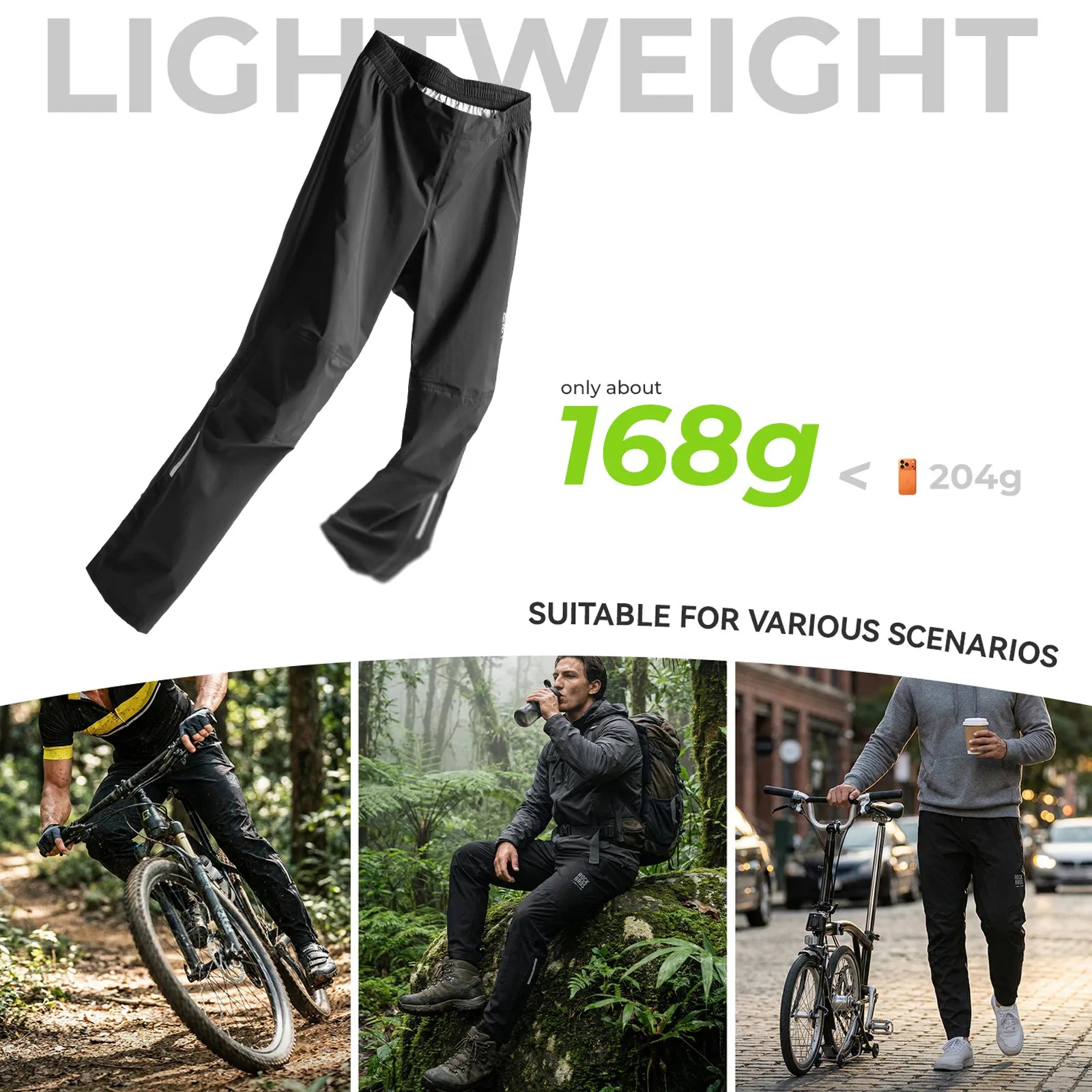 Rockbros Road to Sky unisex waterproof cycling rain pants in black, fully seam-sealed design.