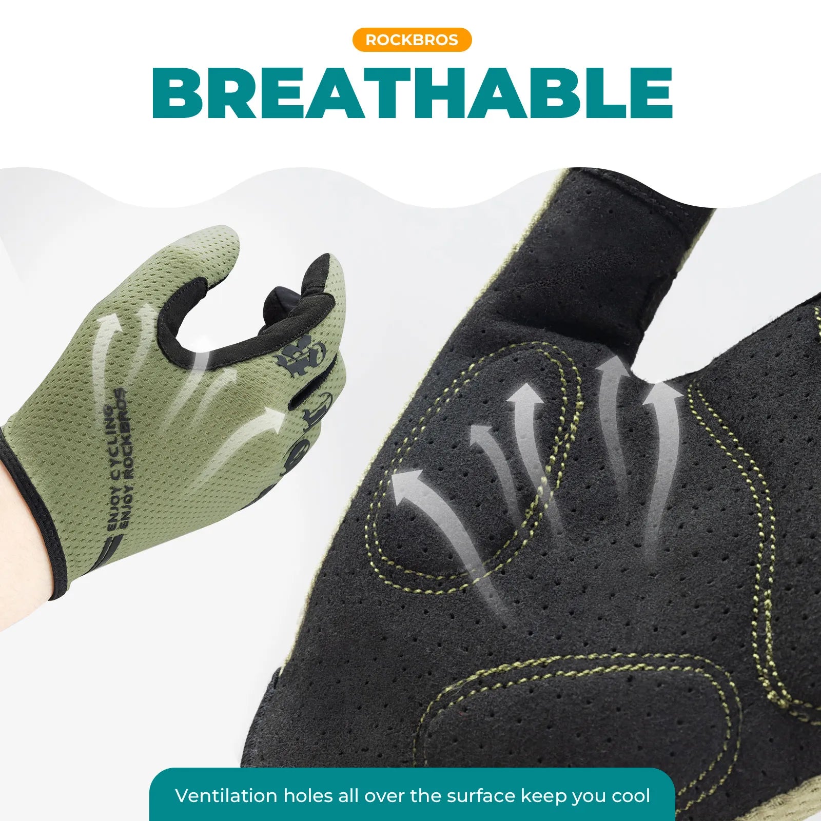Rockbros S360 full finger cycling gloves in black, showcasing the overall design.
#color_green