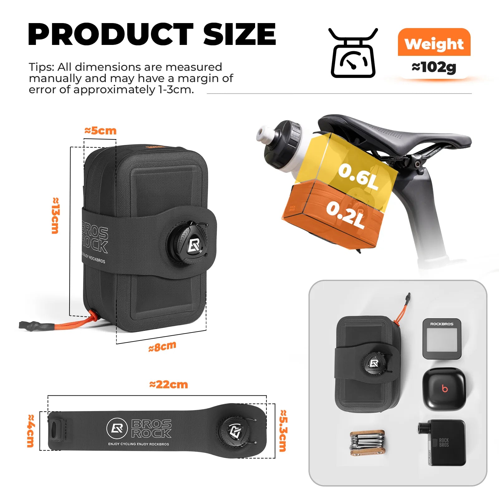 ROCKBROS Waterproof Bike Saddle Bag with Integrated Dial Lock and Water Bottle Holder - Matte Black.
