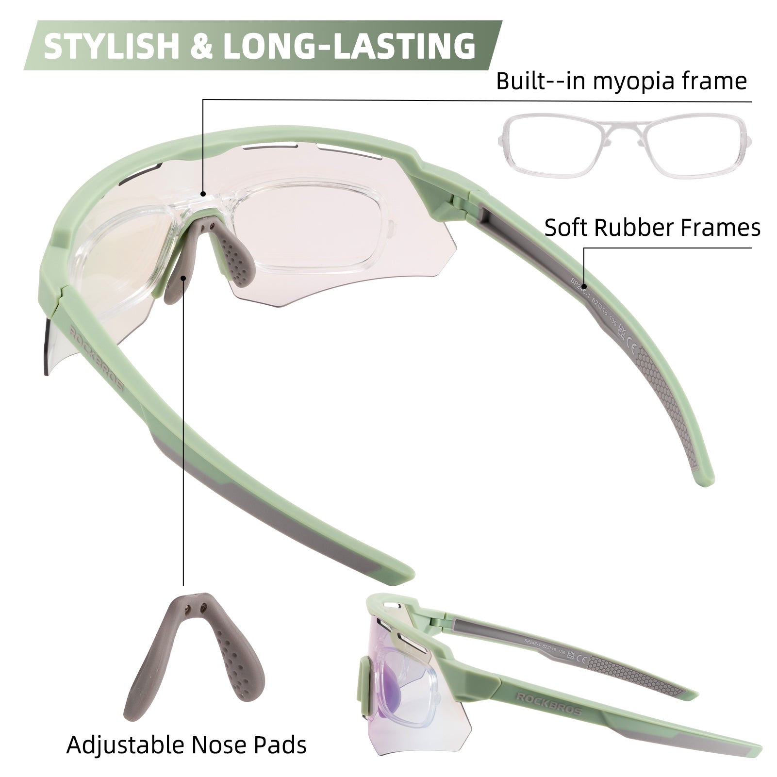 ROCKBROS SP246 oversized photochromic cycling sunglasses with 4 interchangeable lenses.
#color_light green