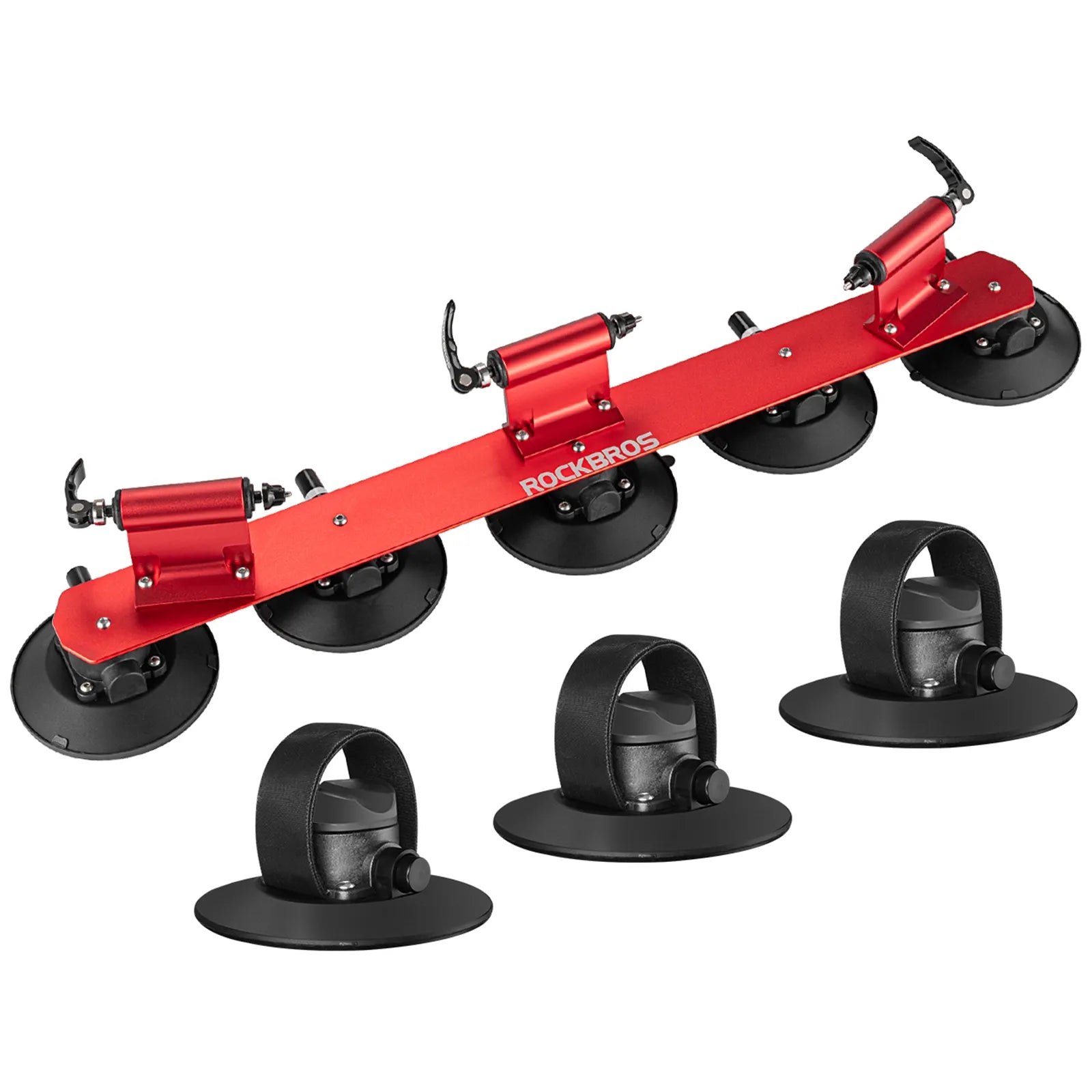 ROCKBROS suction cup bike rack mounted on car roof, quick-install heavy duty carrier for 1 to 3 bikes.
#color_red