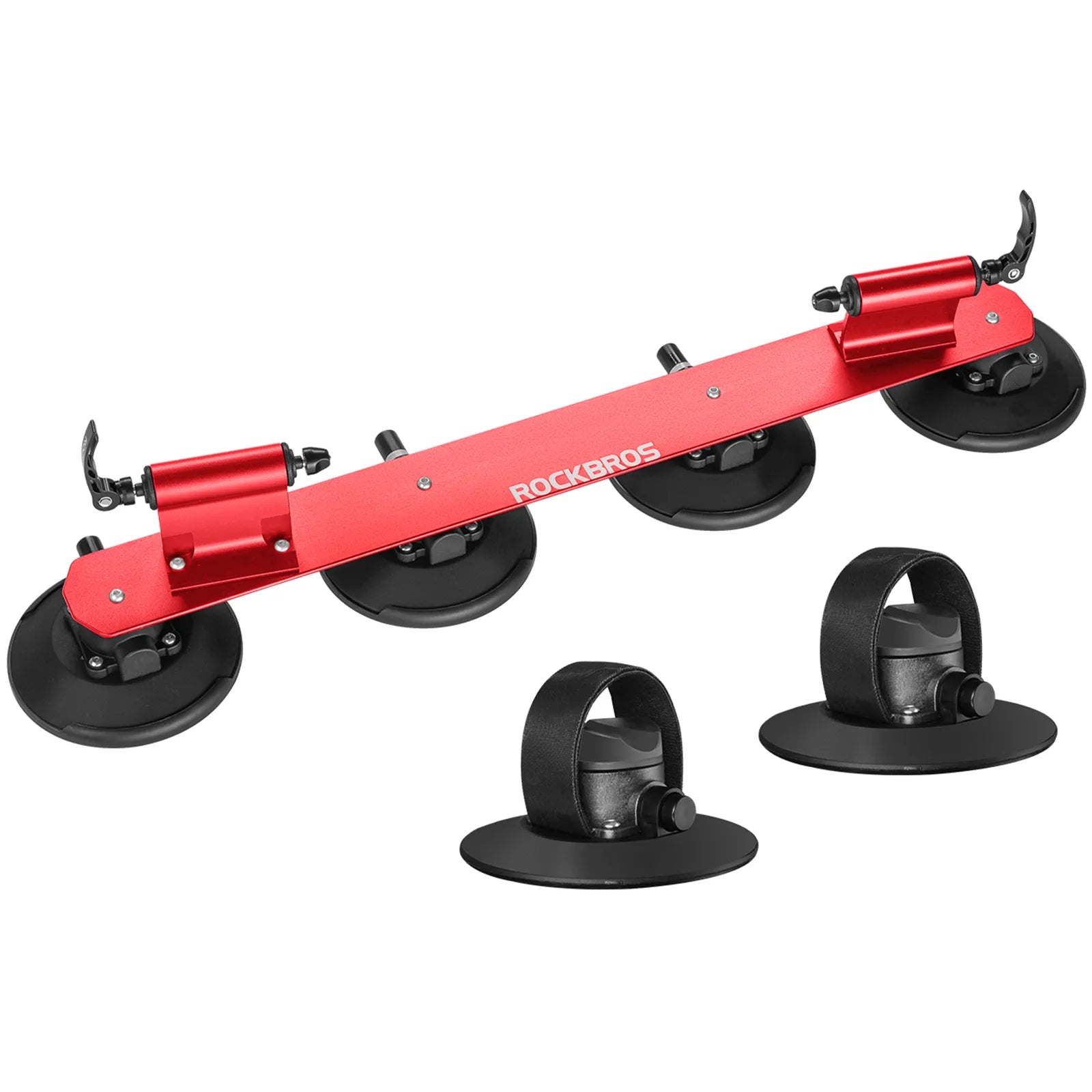 ROCKBROS suction cup bike rack mounted on car roof, quick-install heavy duty carrier for 1 to 3 bikes.
#color_red