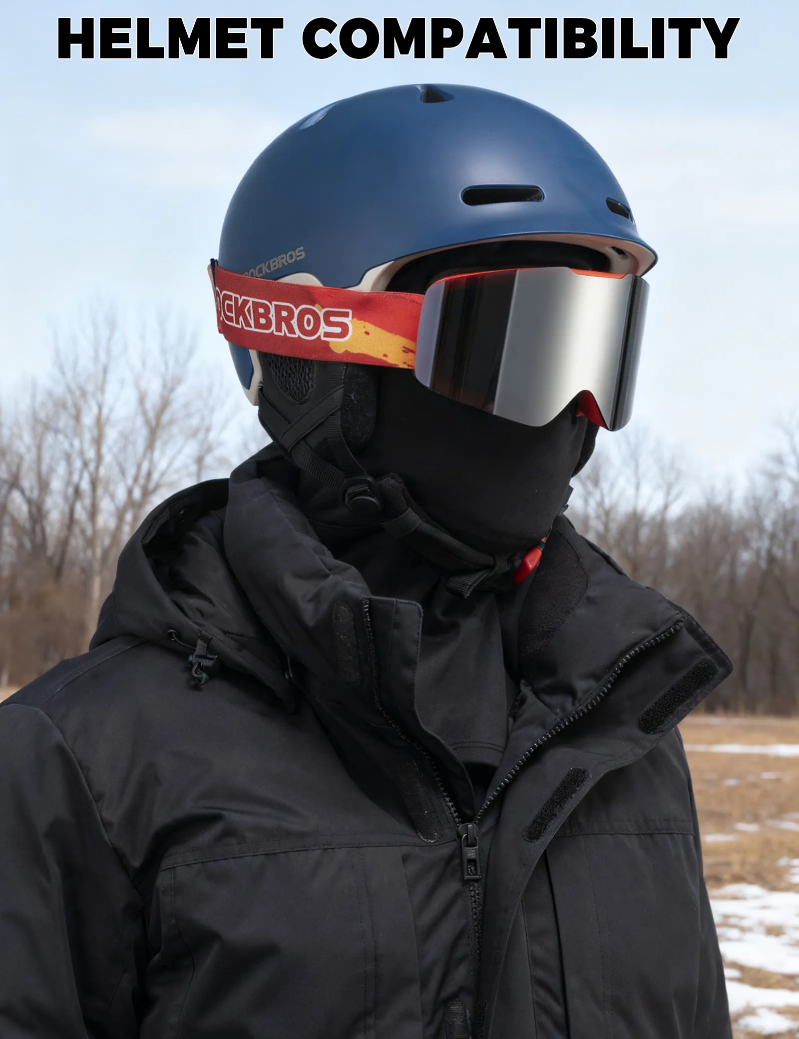 Rockbros thermal riding balaclava with fleece lining in black, main front view.