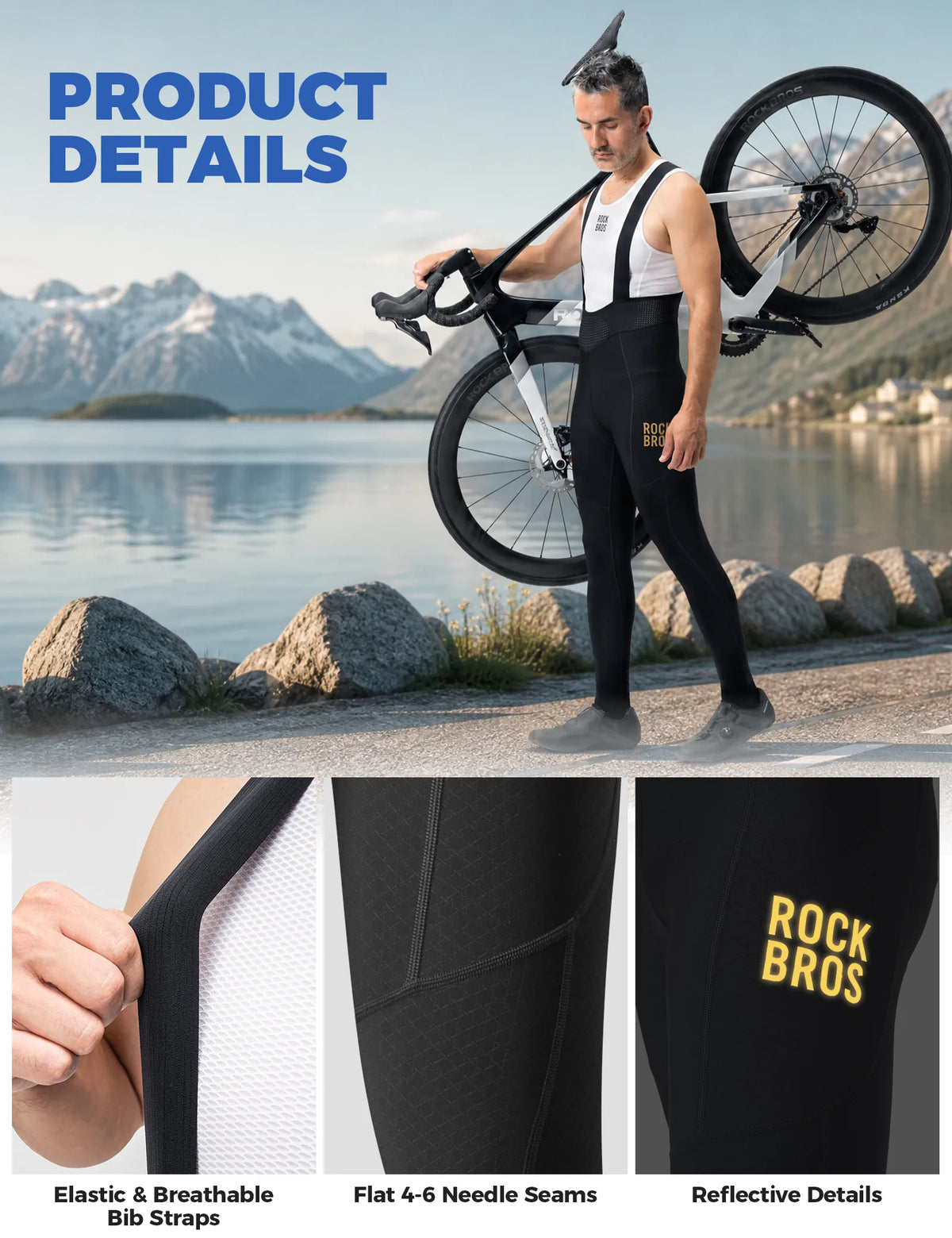 ROCKBROS Men's Thermal Cycling Bib Tights with Fleece Lining and 3D Chamois