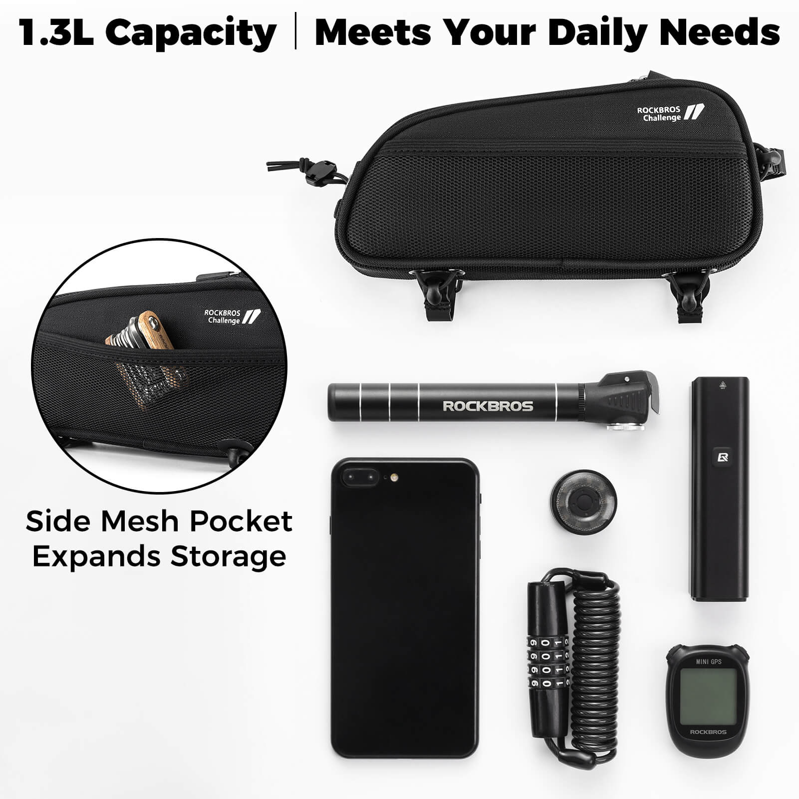 rockbros 1.3L bike top tube bag mounted on bicycle frame.