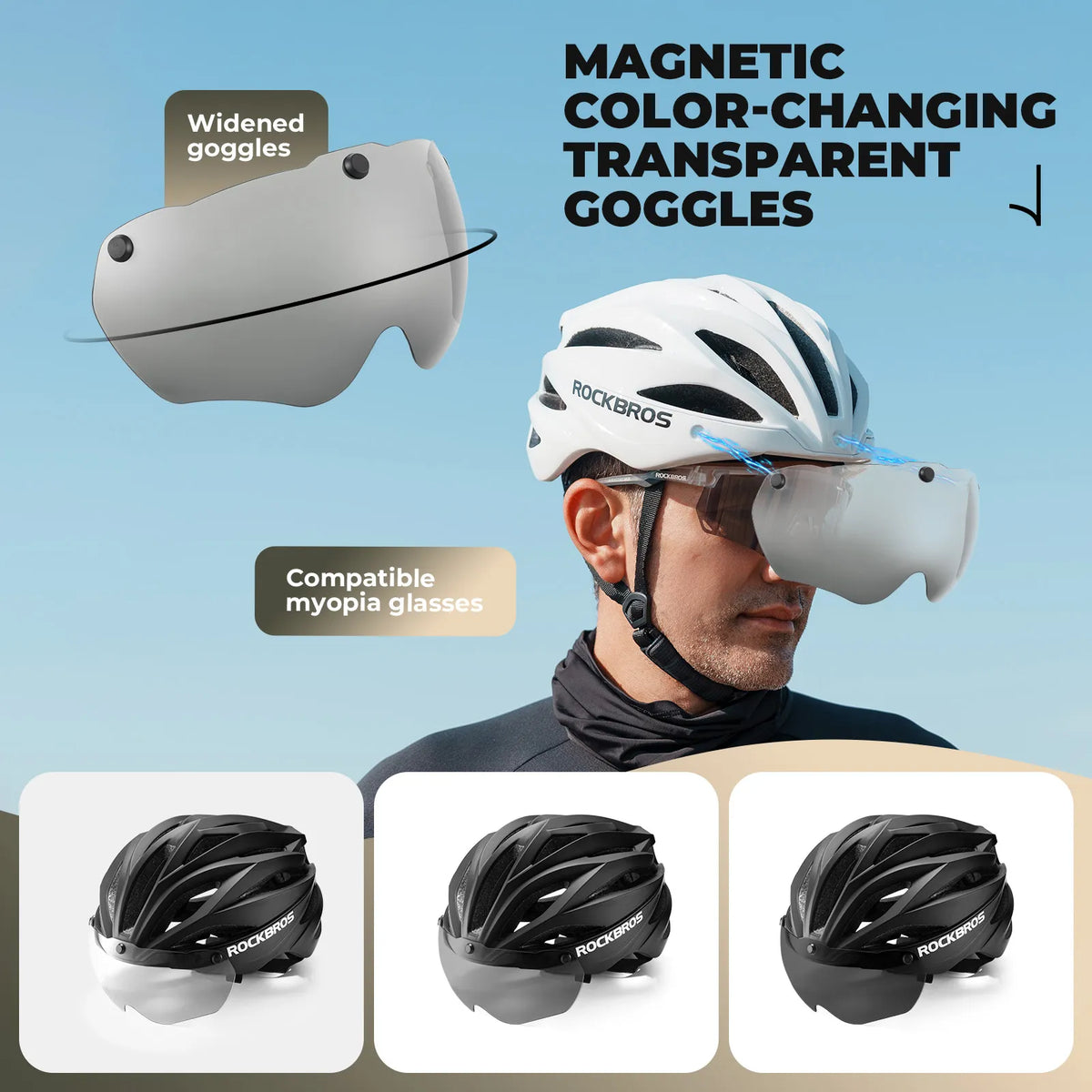White and black color options of ROCKBROS Trail bicycle helmet.
#options_White + Photochromic lenses