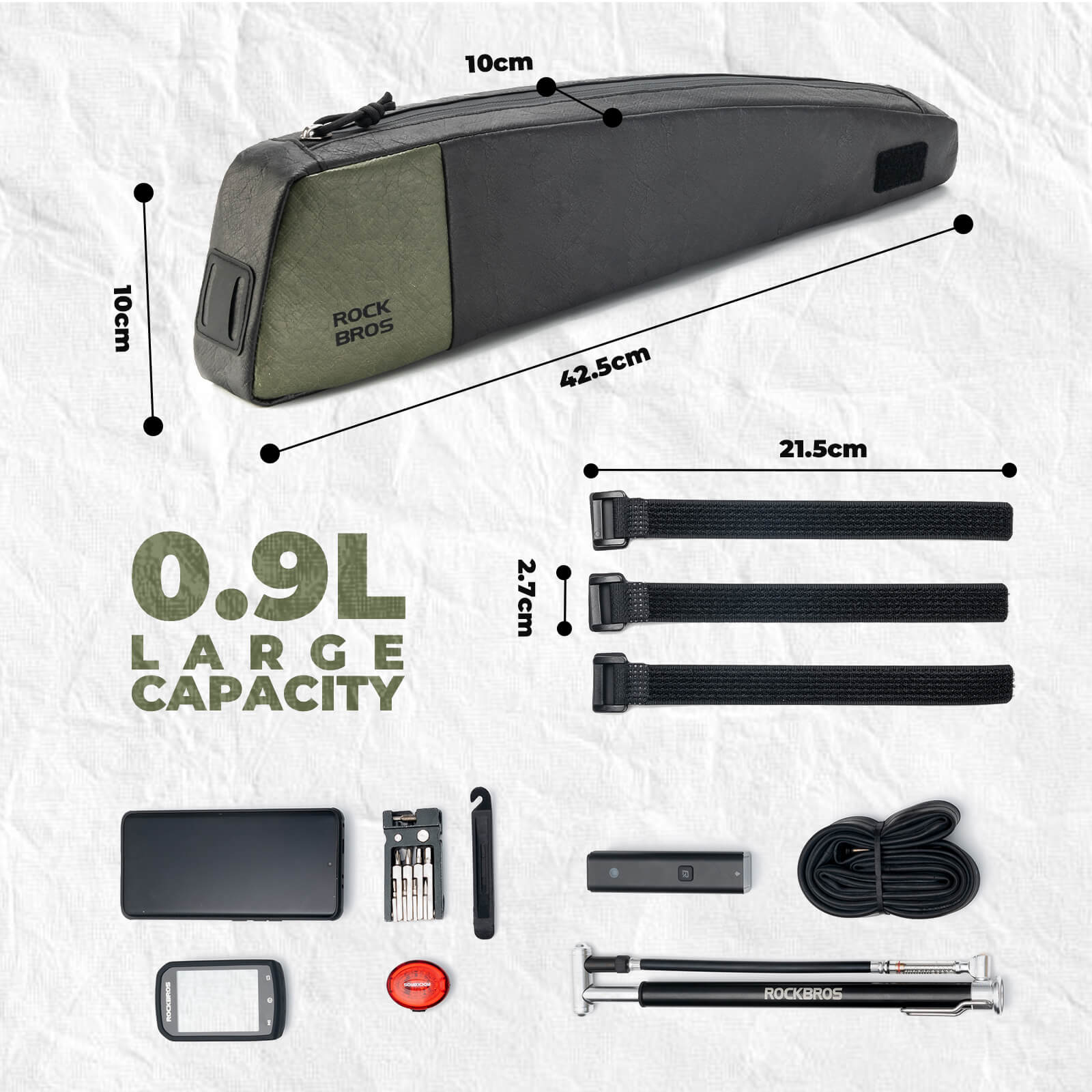 rockbros EcoMate 0.9L top tube bag for cycling adventures.