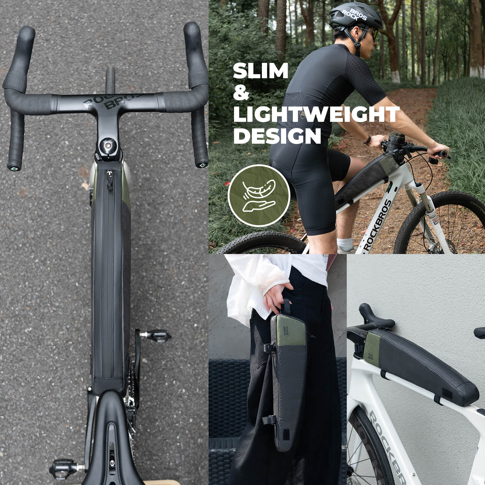 rockbros EcoMate 0.9L top tube bag for cycling adventures.