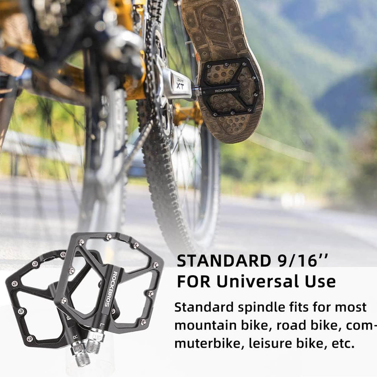rockbros Ultra Lightweight Flat Bike Pedals mounted on bicycle crank arm.
#color_black
