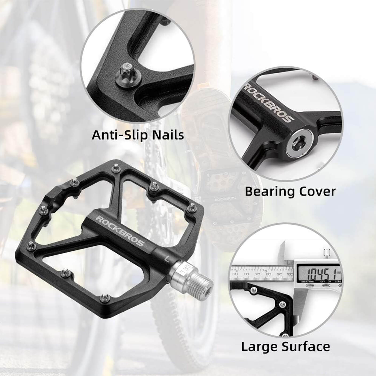 rockbros Ultra Lightweight Flat Bike Pedals mounted on bicycle crank arm.
#color_black