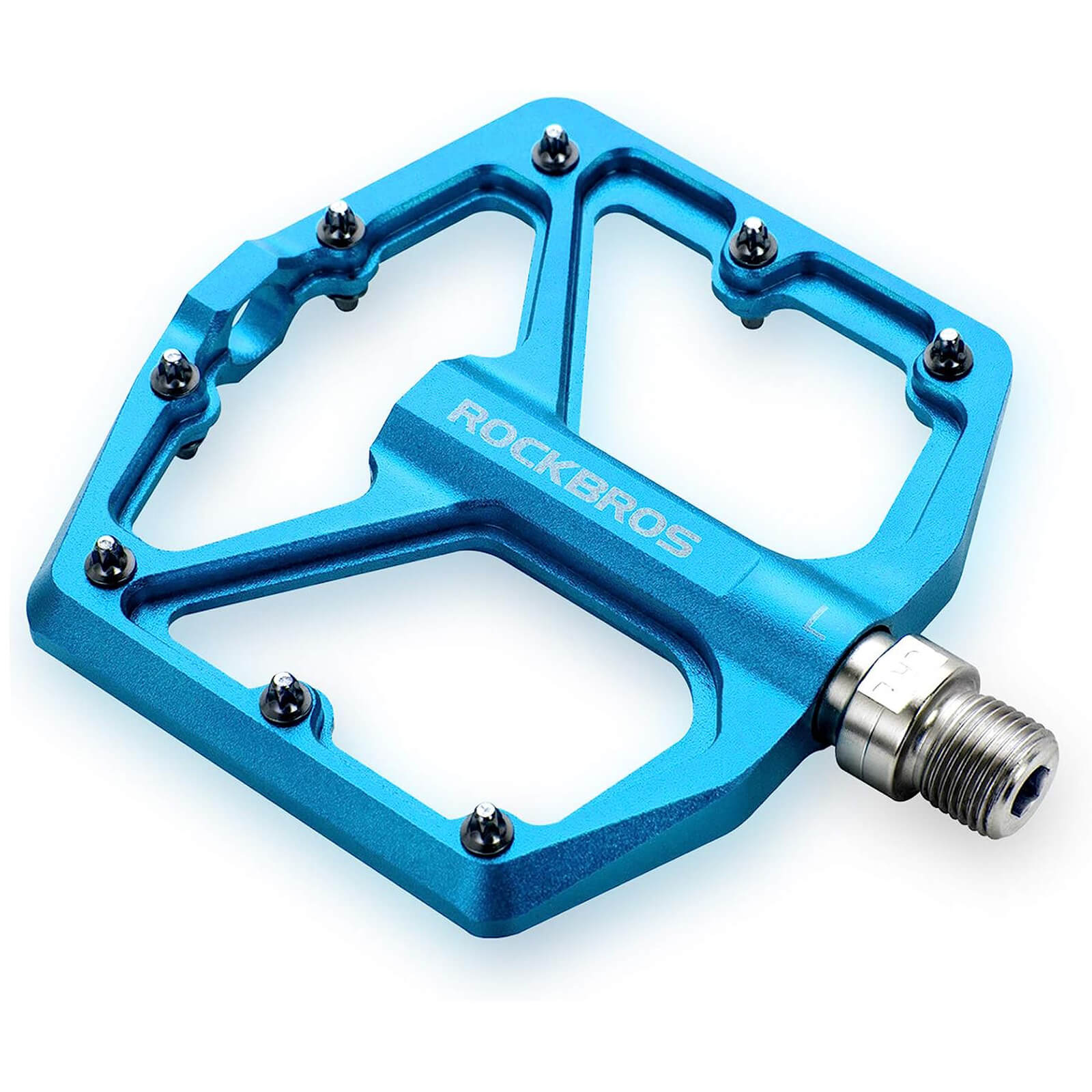 rockbros Ultra Lightweight Flat Bike Pedals mounted on bicycle crank arm.
#color_blue
