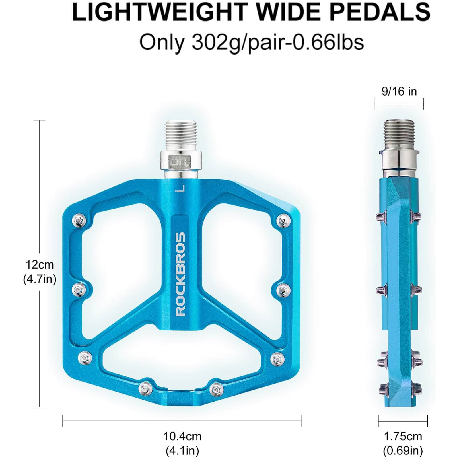 rockbros Ultra Lightweight Flat Bike Pedals mounted on bicycle crank arm.
#color_blue