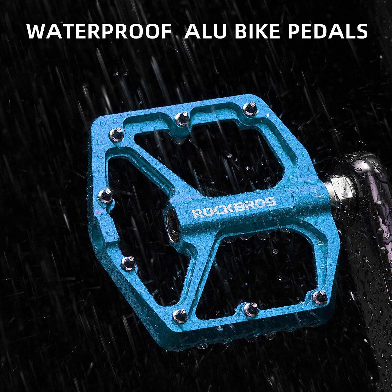 rockbros Ultra Lightweight Flat Bike Pedals mounted on bicycle crank arm.
#color_blue