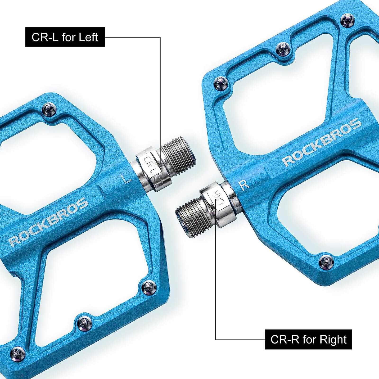 rockbros Ultra Lightweight Flat Bike Pedals mounted on bicycle crank arm.
#color_blue