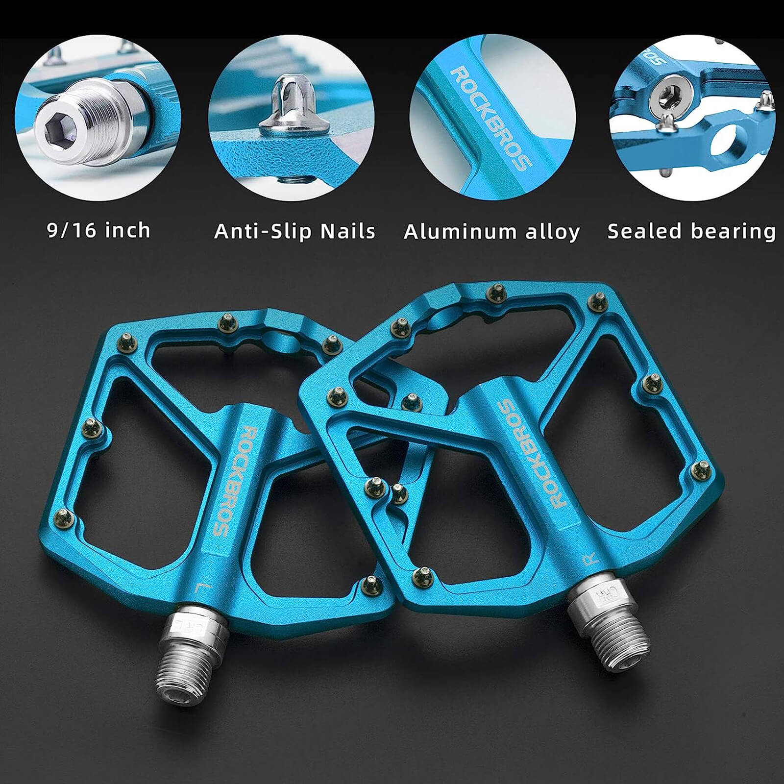 rockbros Ultra Lightweight Flat Bike Pedals mounted on bicycle crank arm.
#color_blue