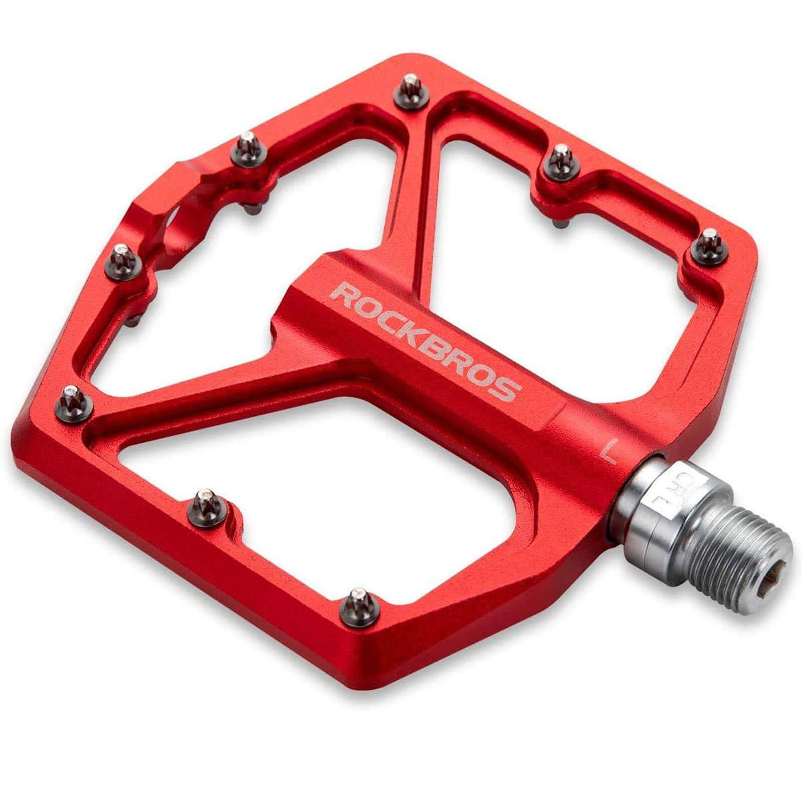 rockbros Ultra Lightweight Flat Bike Pedals mounted on bicycle crank arm.
#color_red