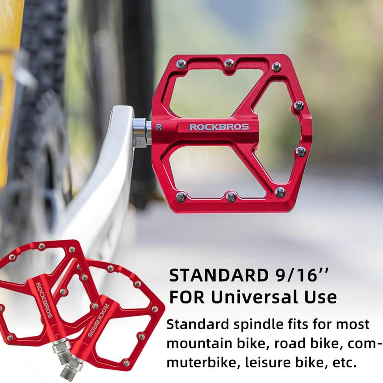 rockbros Ultra Lightweight Flat Bike Pedals mounted on bicycle crank arm.
#color_red