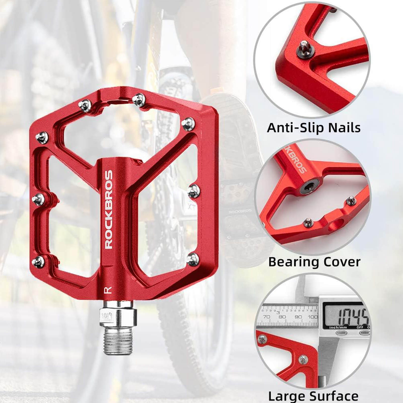 rockbros Ultra Lightweight Flat Bike Pedals mounted on bicycle crank arm.
#color_red