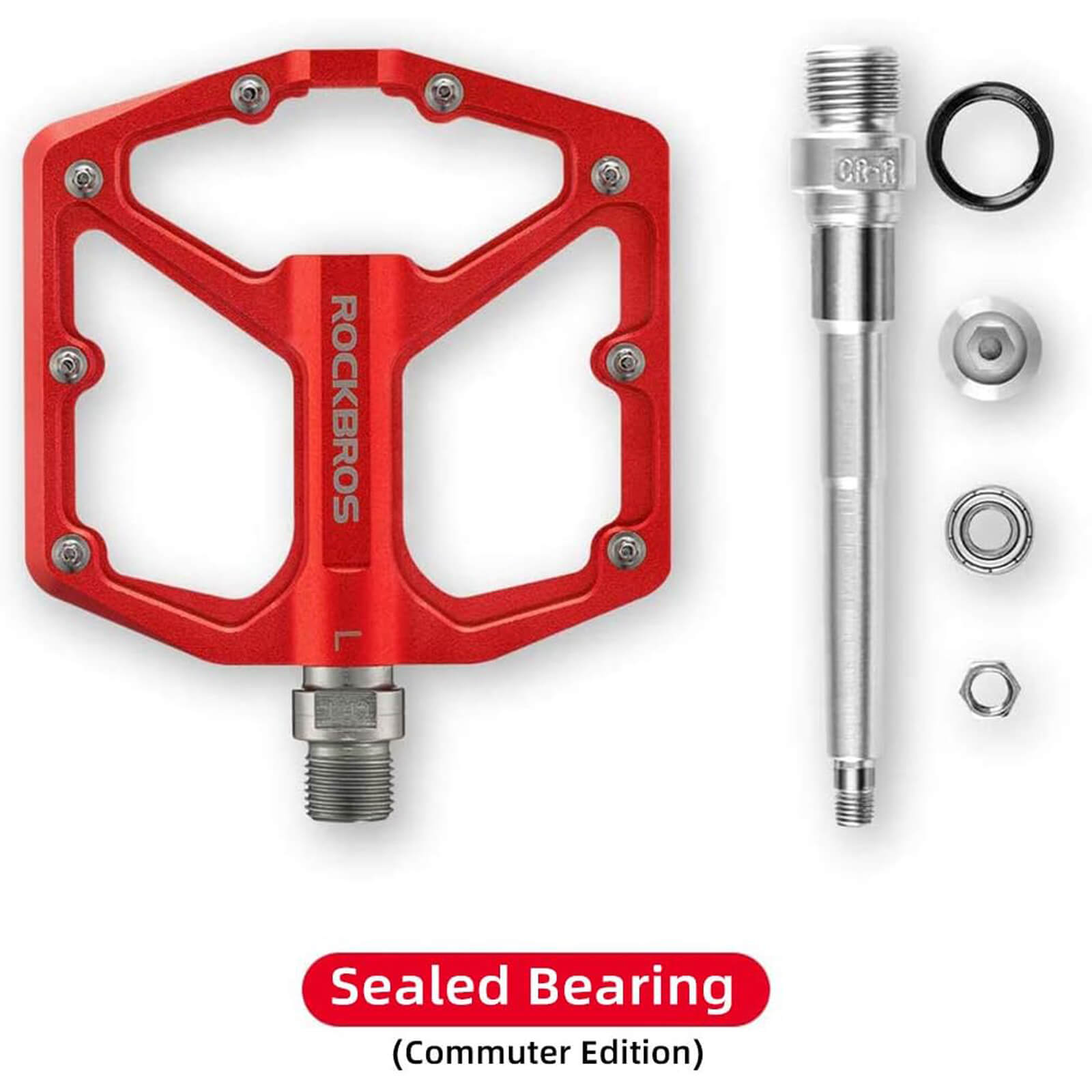rockbros Ultra Lightweight Flat Bike Pedals mounted on bicycle crank arm.
#color_red