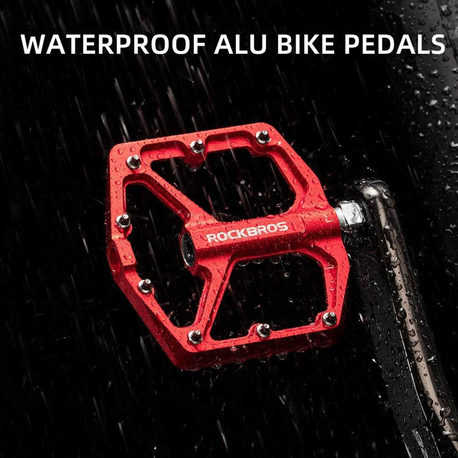 rockbros Ultra Lightweight Flat Bike Pedals mounted on bicycle crank arm.
#color_red