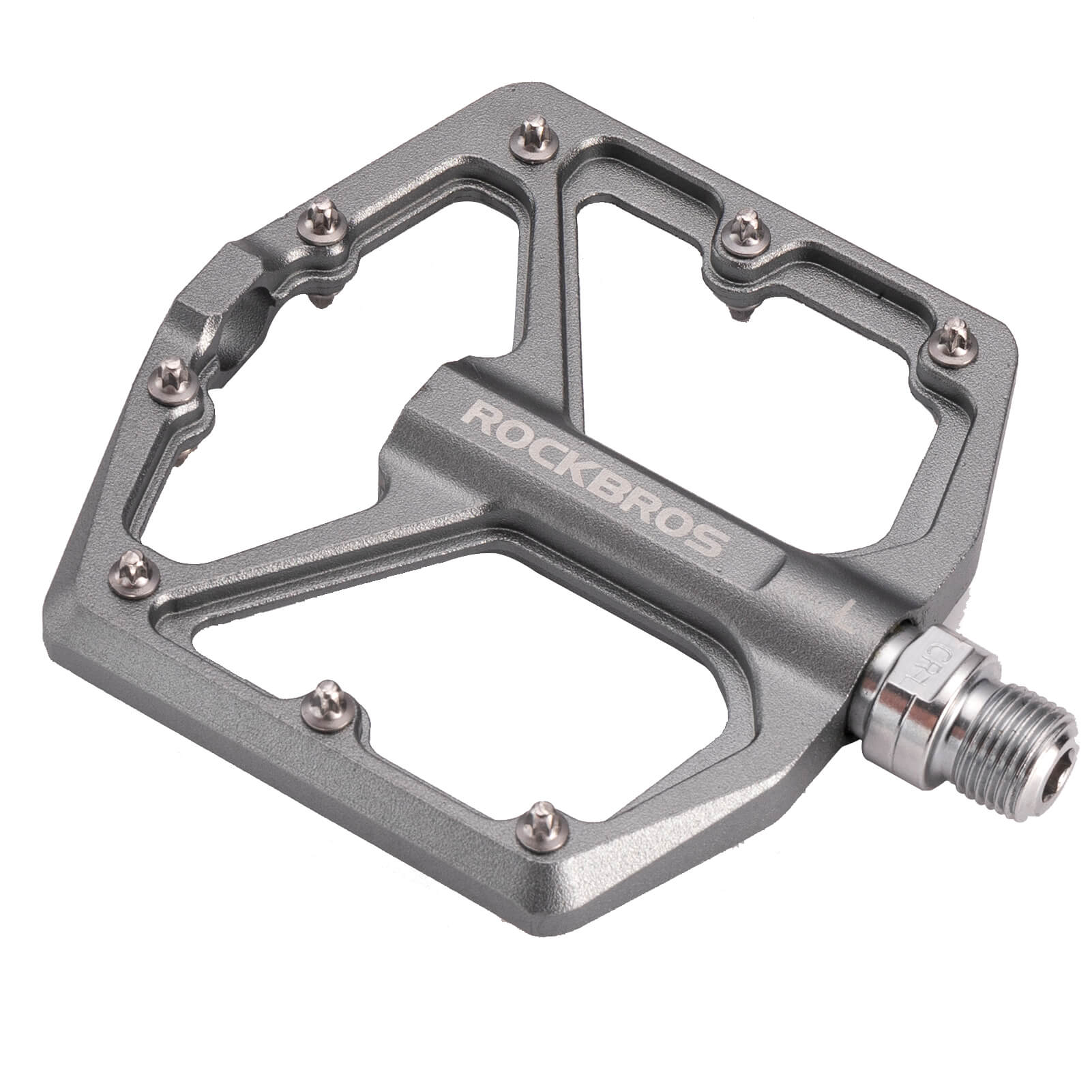 rockbros Ultra Lightweight Flat Bike Pedals mounted on bicycle crank arm.
#color_titanium