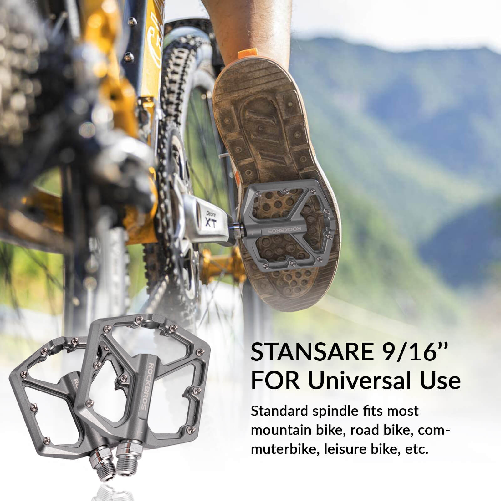 rockbros Ultra Lightweight Flat Bike Pedals mounted on bicycle crank arm.
#color_titanium