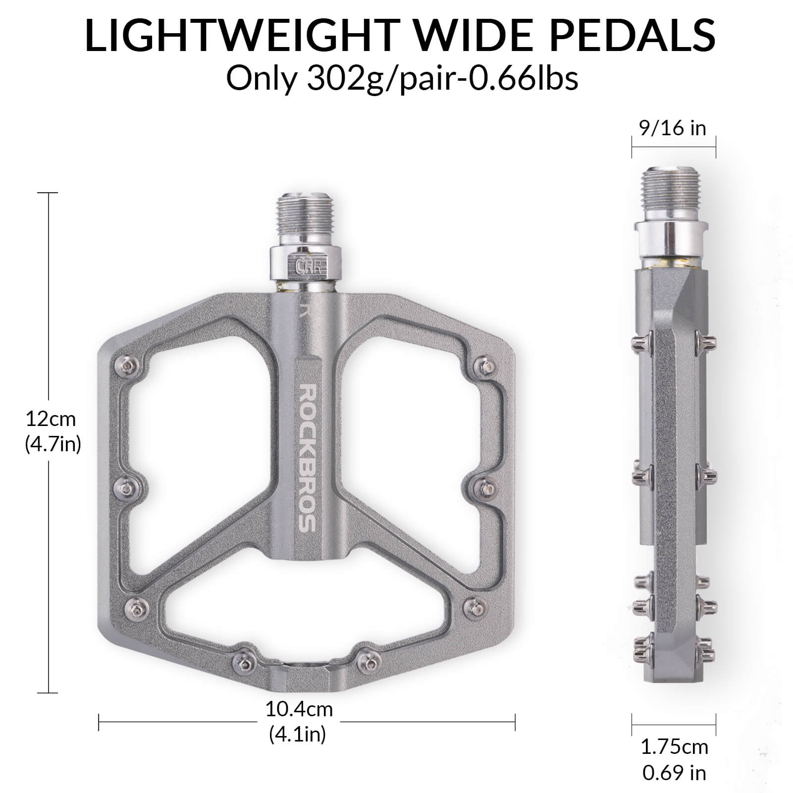 rockbros Ultra Lightweight Flat Bike Pedals mounted on bicycle crank arm.
#color_titanium