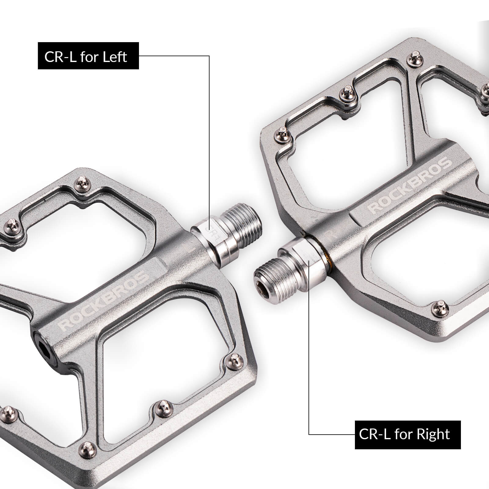 rockbros Ultra Lightweight Flat Bike Pedals mounted on bicycle crank arm.
#color_titanium