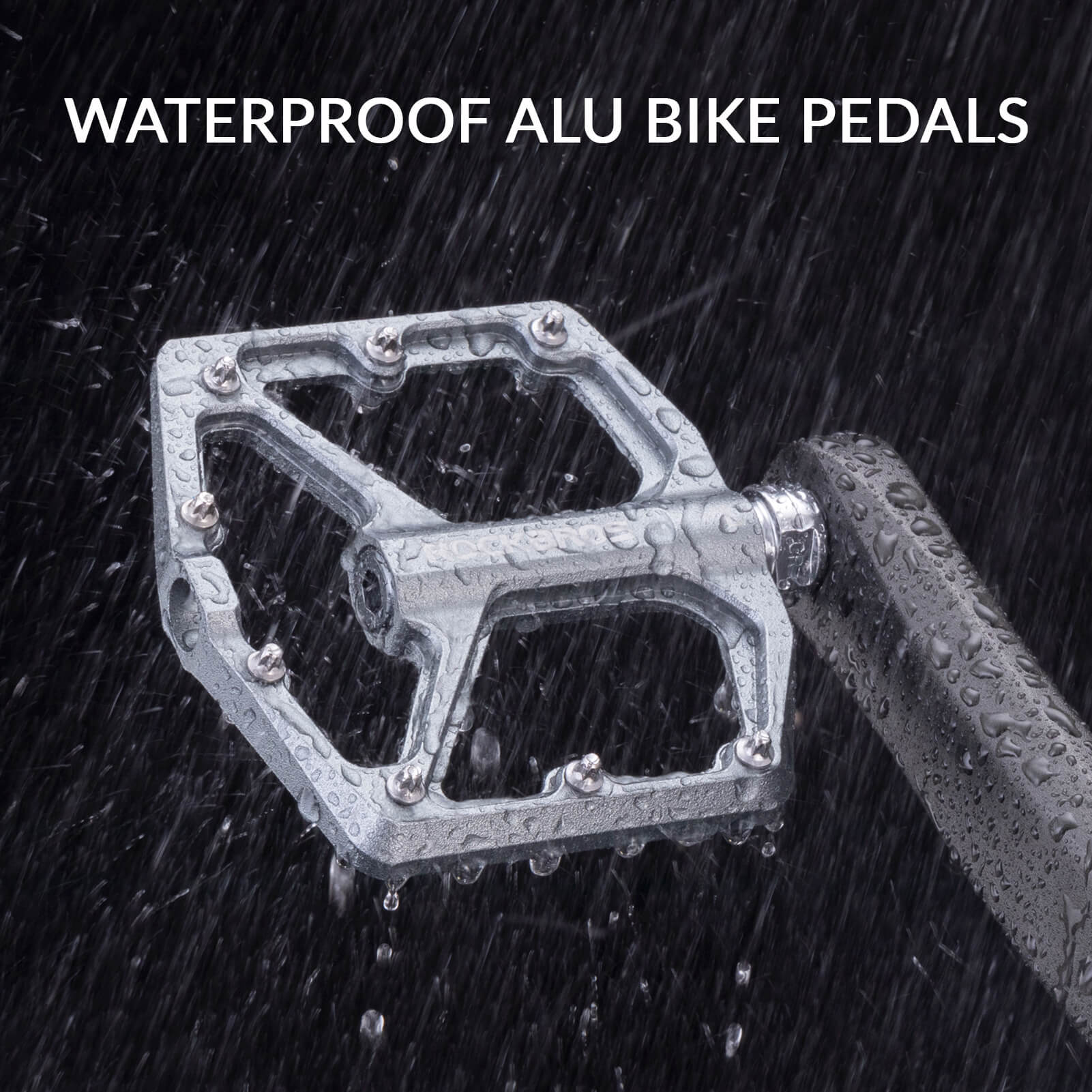 rockbros Ultra Lightweight Flat Bike Pedals mounted on bicycle crank arm.
#color_titanium