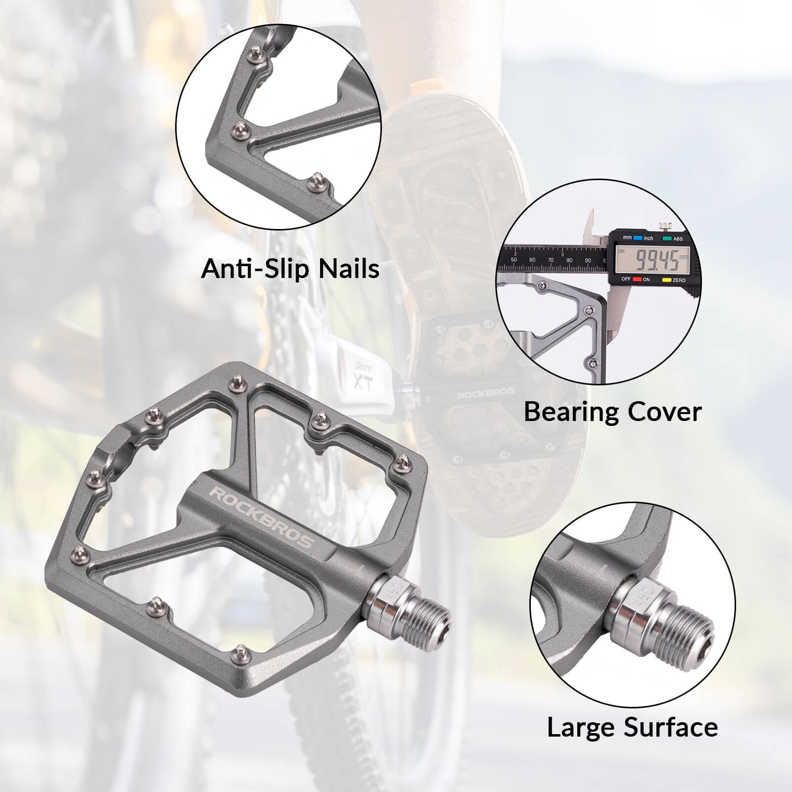 rockbros Ultra Lightweight Flat Bike Pedals mounted on bicycle crank arm.
#color_titanium