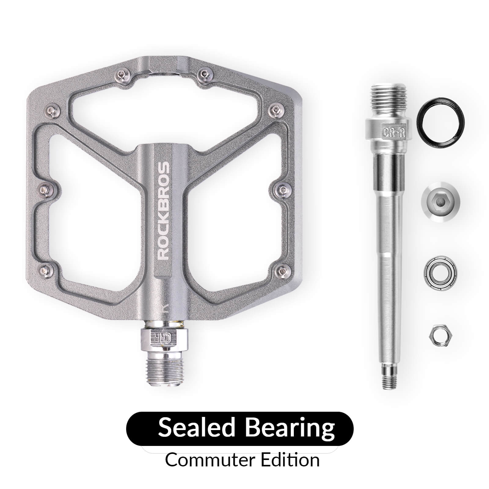 rockbros Ultra Lightweight Flat Bike Pedals mounted on bicycle crank arm.
#color_titanium