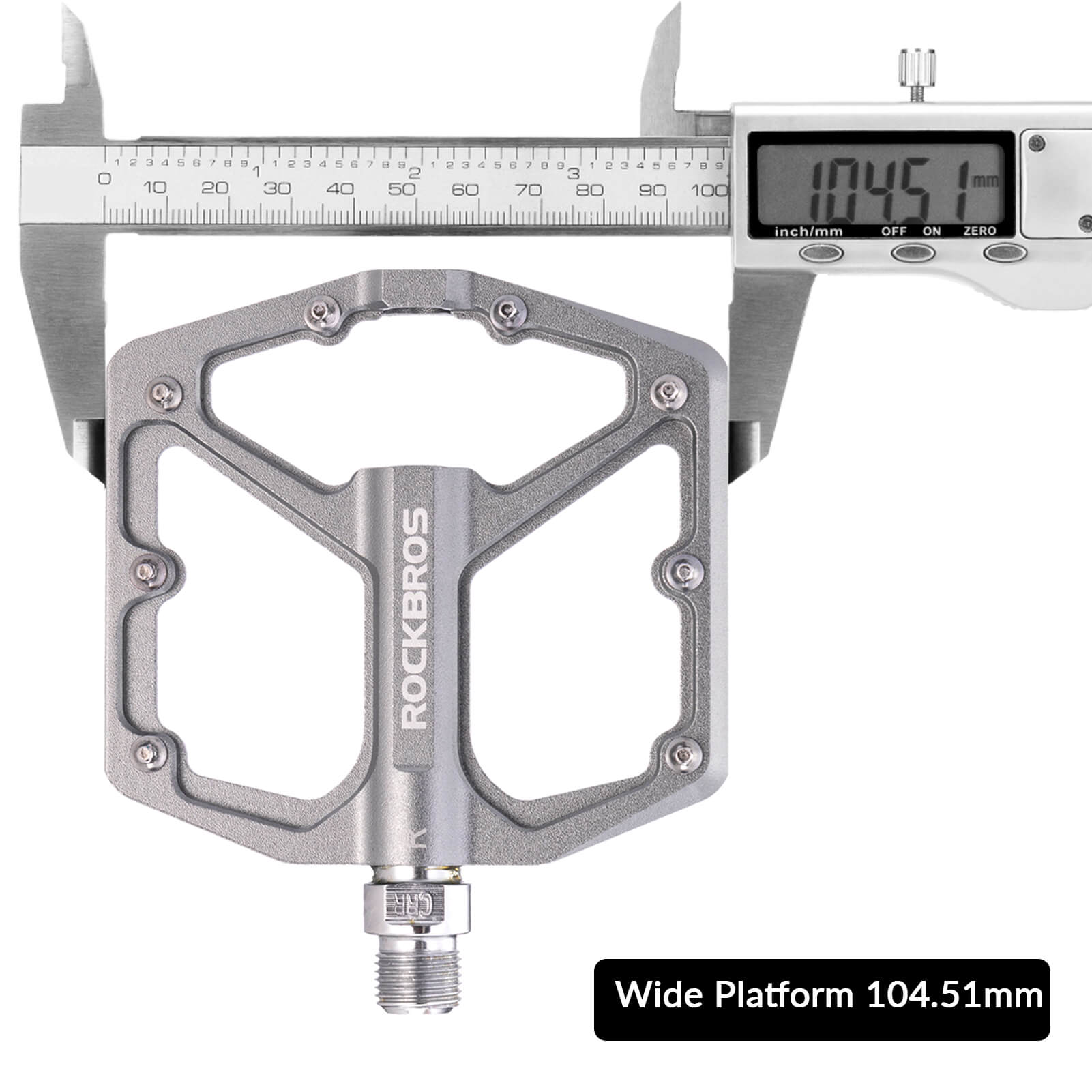 rockbros Ultra Lightweight Flat Bike Pedals mounted on bicycle crank arm.
#color_titanium