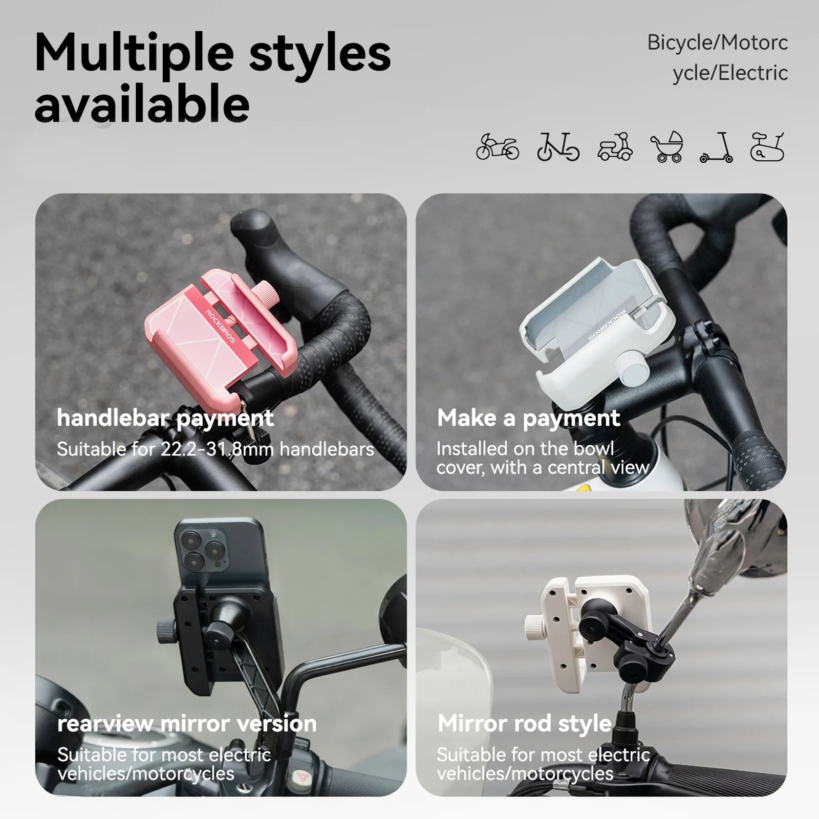 Rockbros universal bike phone holder with secure half-wrap design for 4.7 to 7.2 inch smartphones